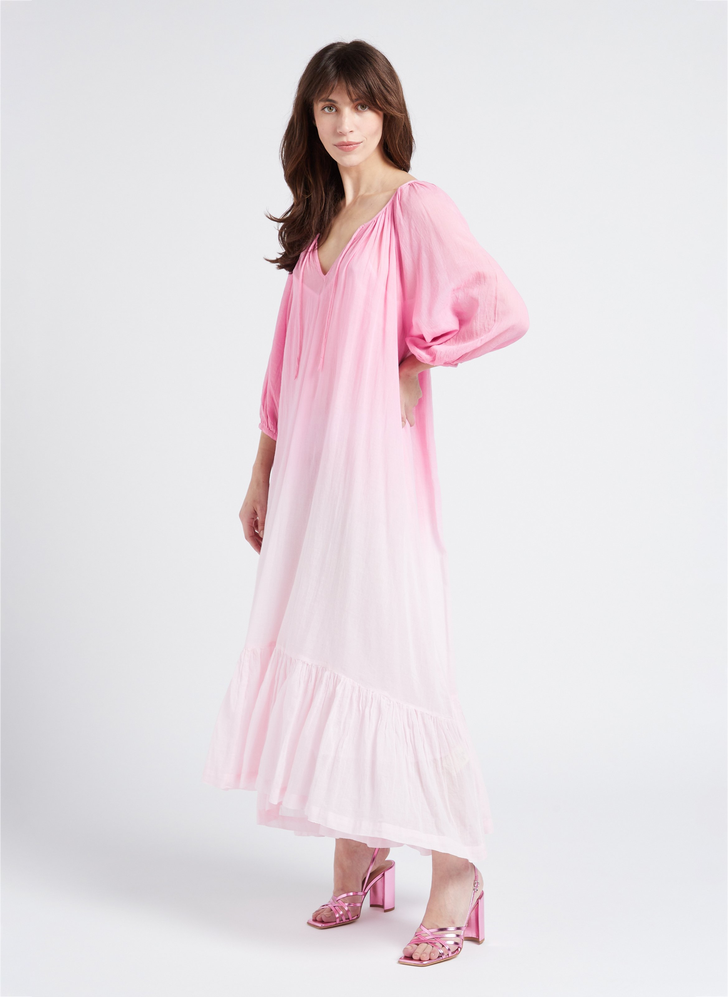 Long loose-fit gathered cotton dress SWILDENS Pink