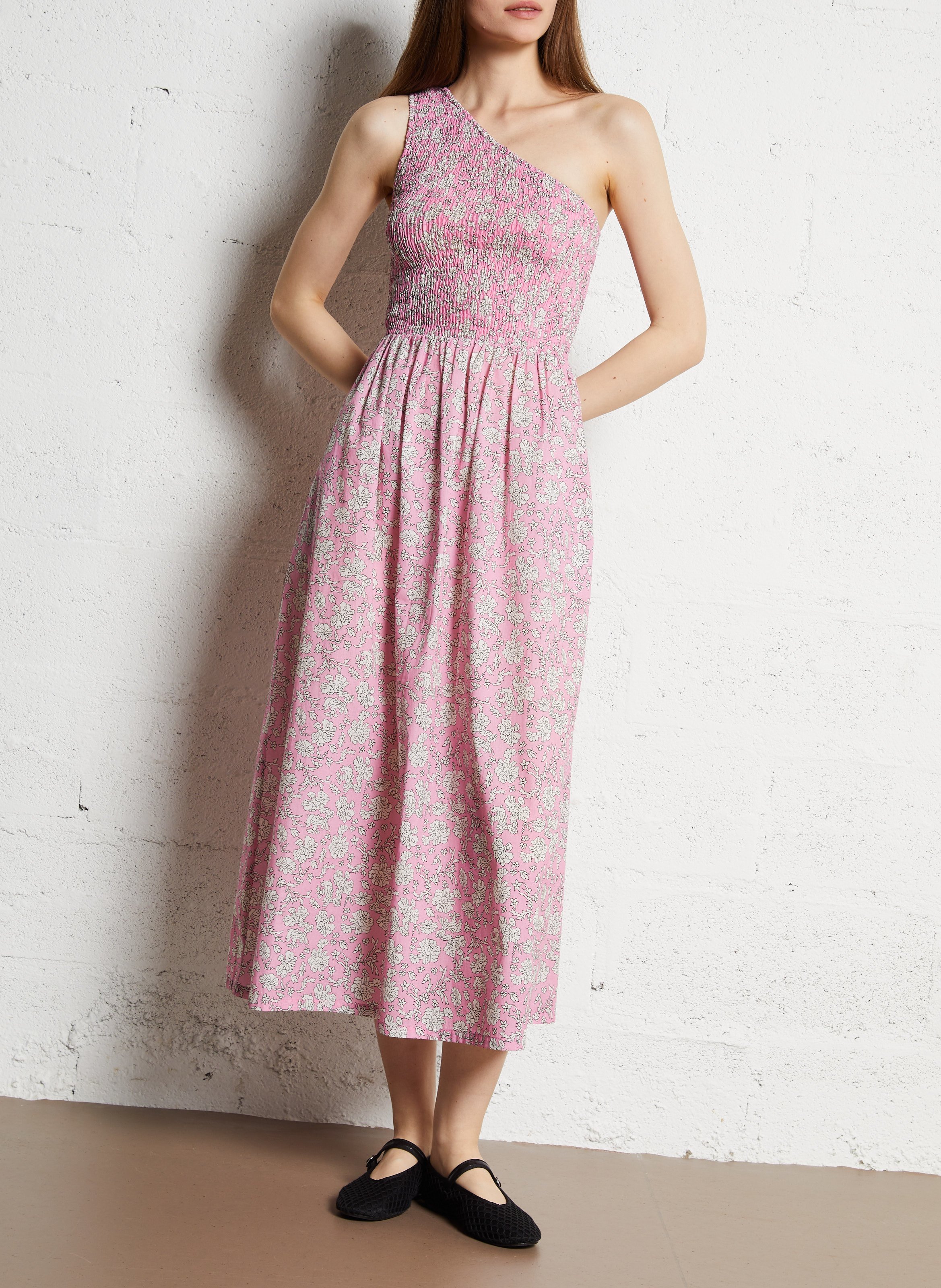 Midi-jurk met asymmetrische halslijn en print THE NEW SOCIETY Roze