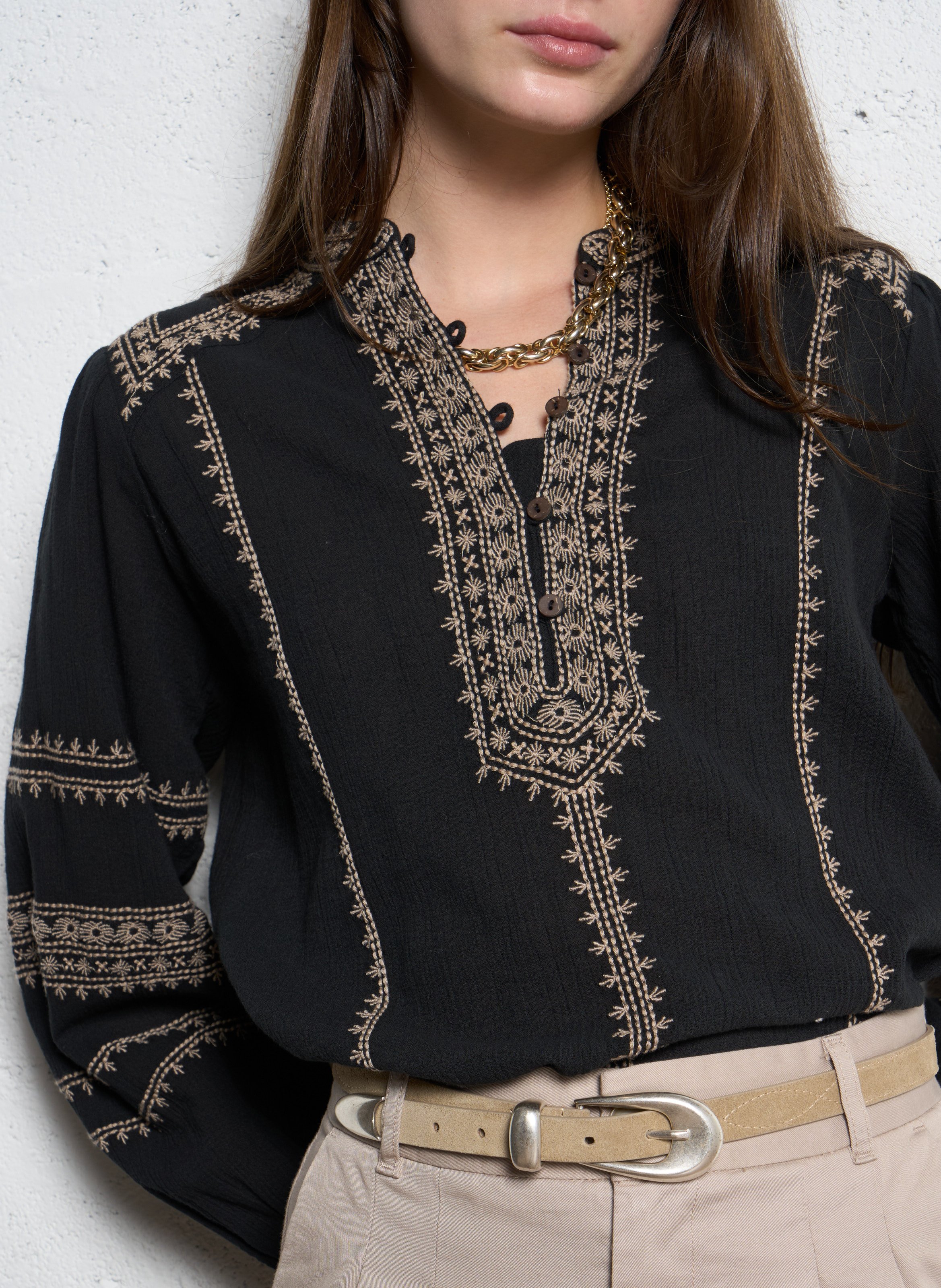 Round neck blouse with embroidered details MAISON HOTEL Black