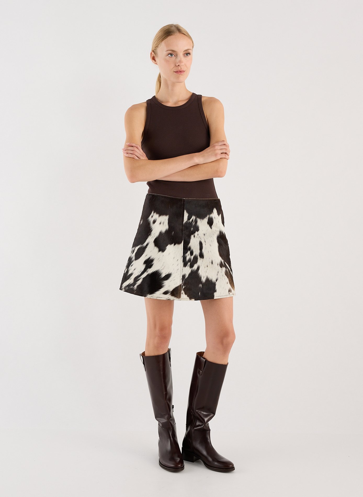 Short skirt printed in cow leather SAISON 1865 Brown