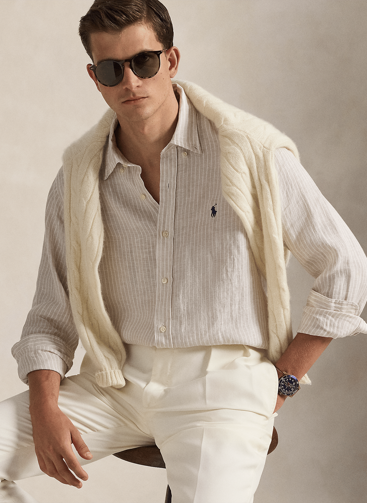 Straight classic collar shirt in striped linen POLO RALPH LAUREN Beige