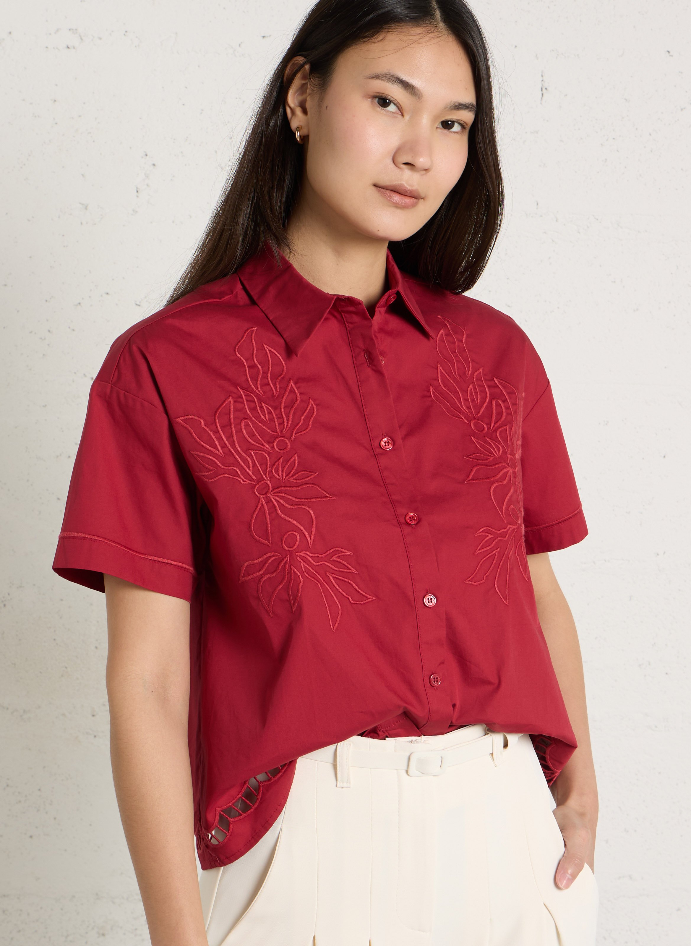 Chemise oversize col classique en coton brodé LA PETITE ETOILE Rouge