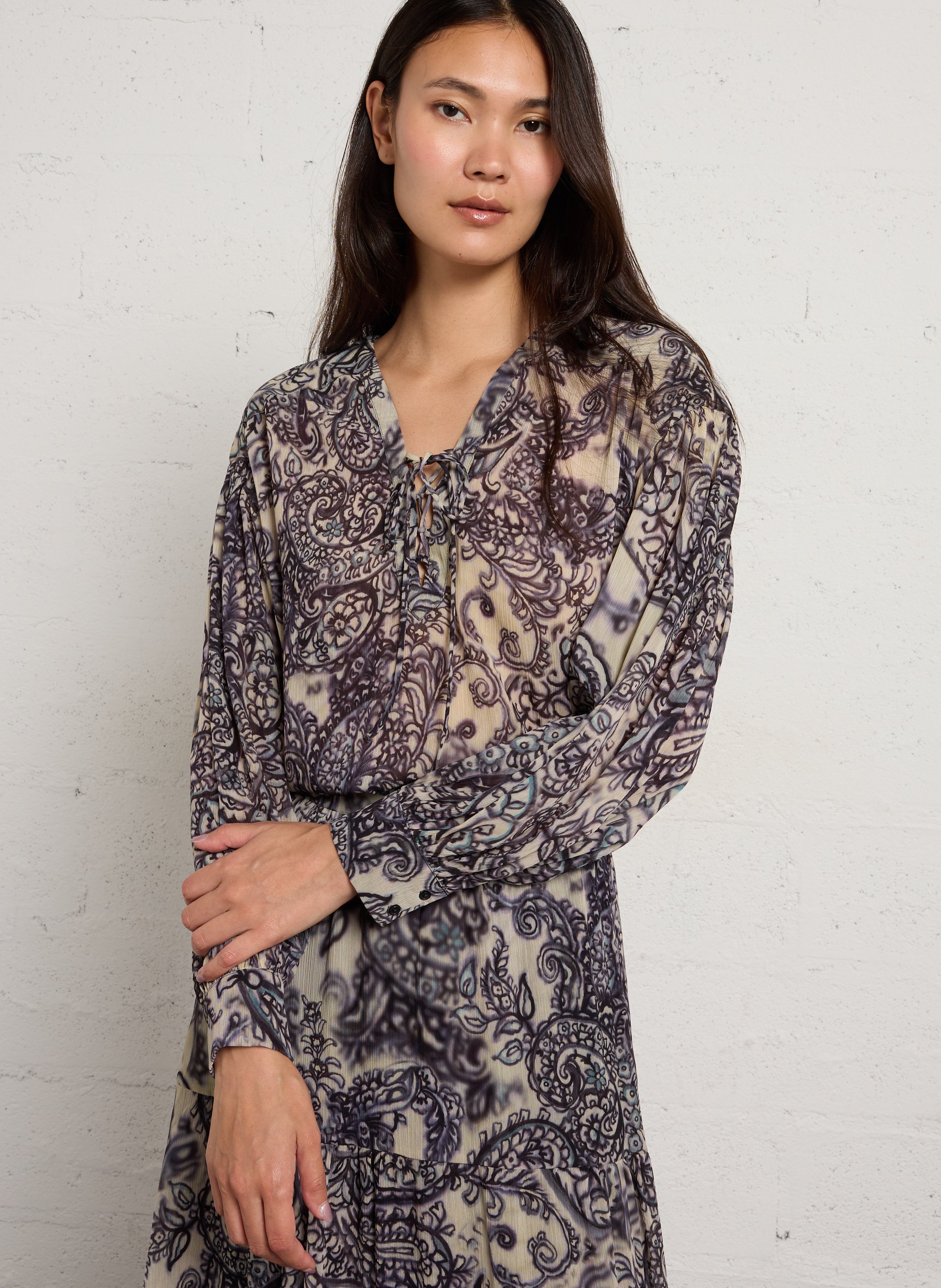 Blouse col V à liens imprimée SUD EXPRESS Bleu