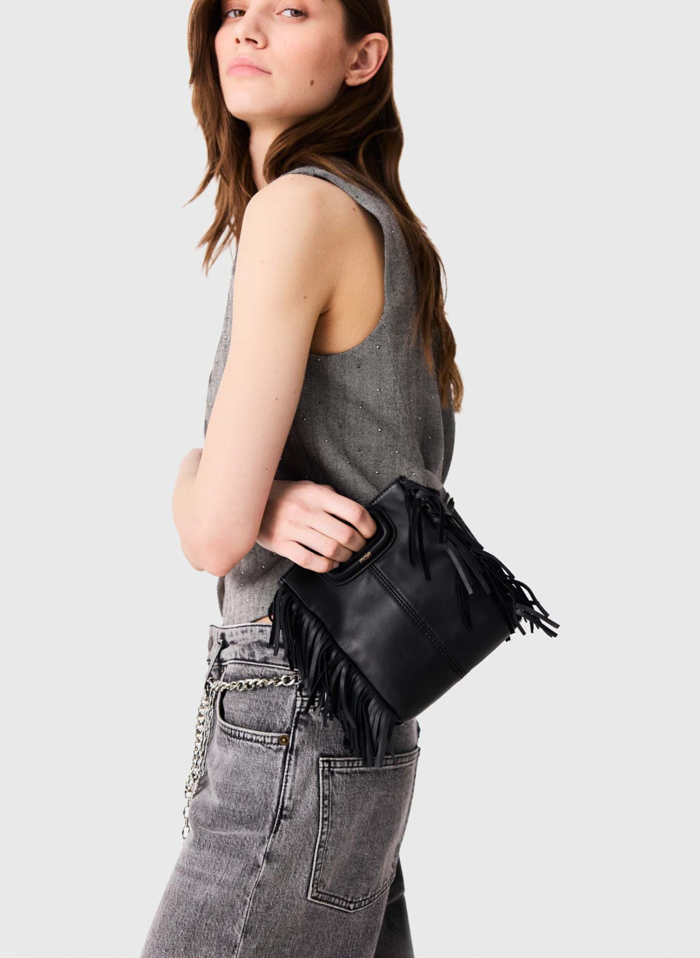 Small fringed leather shoulder bag MAJE Black
