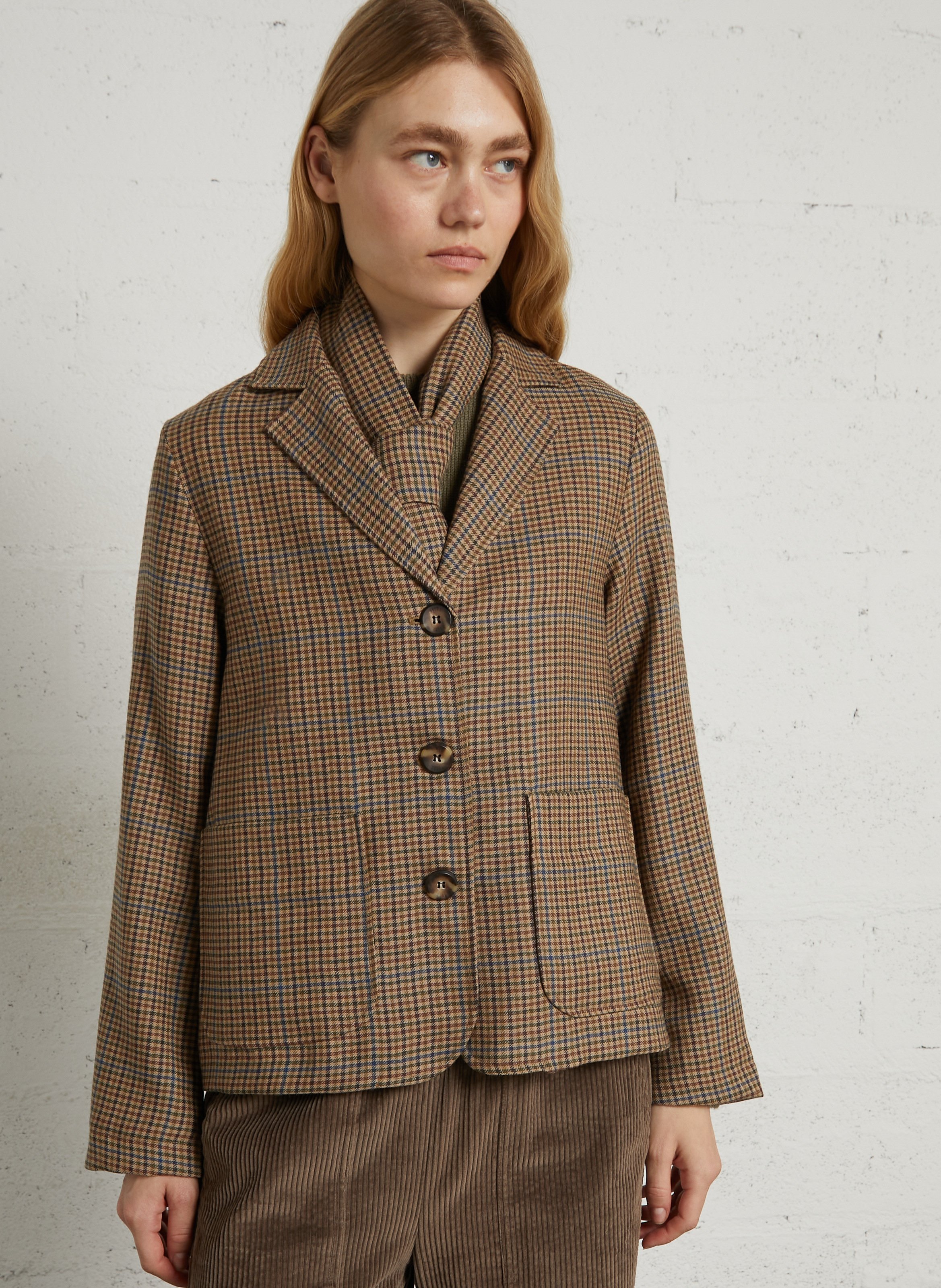 Straight blazer with tailored collar in virgin wool check DIEGA Multicolored