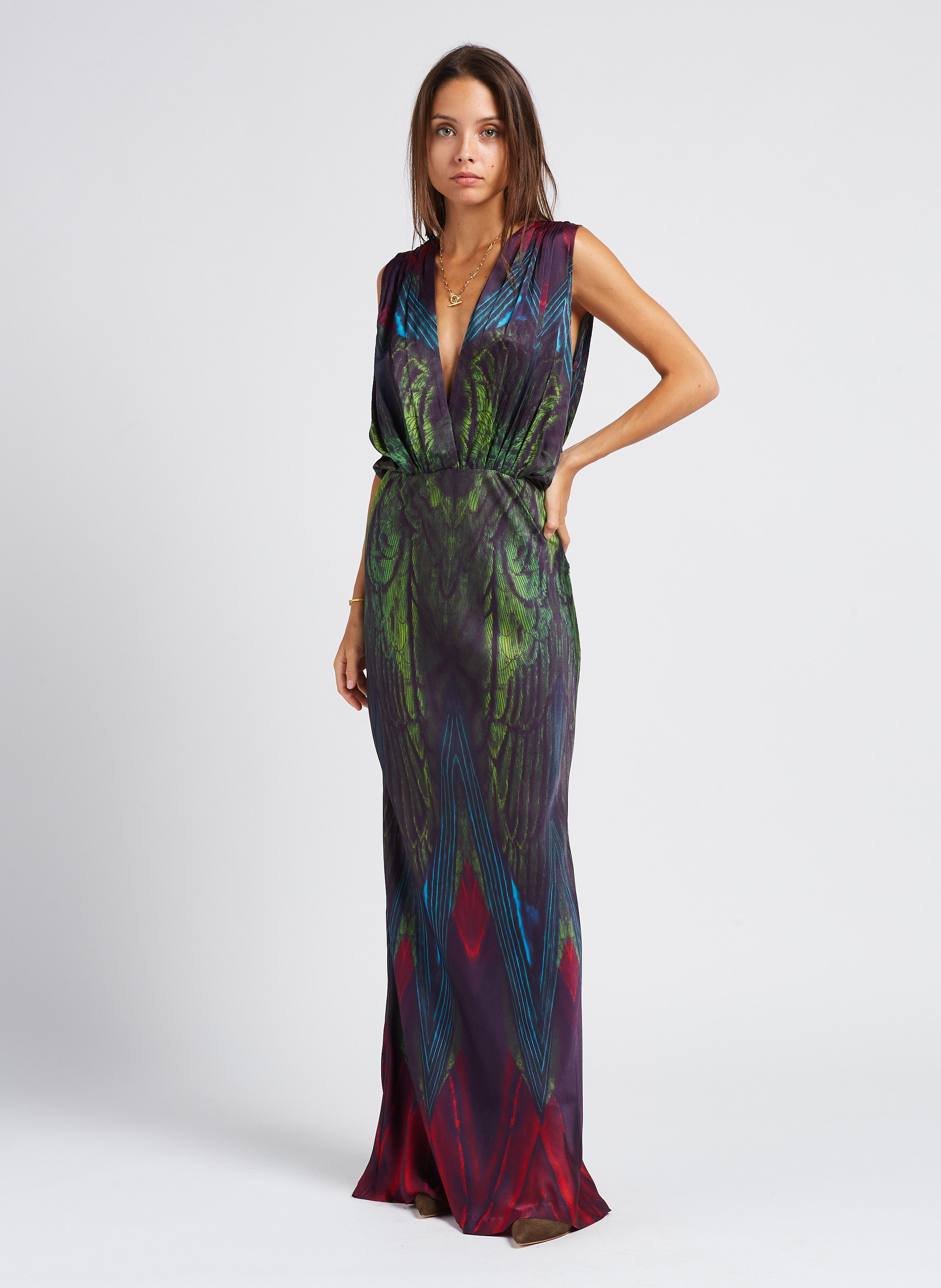 Robe longue col V en satin imprim Multicolore