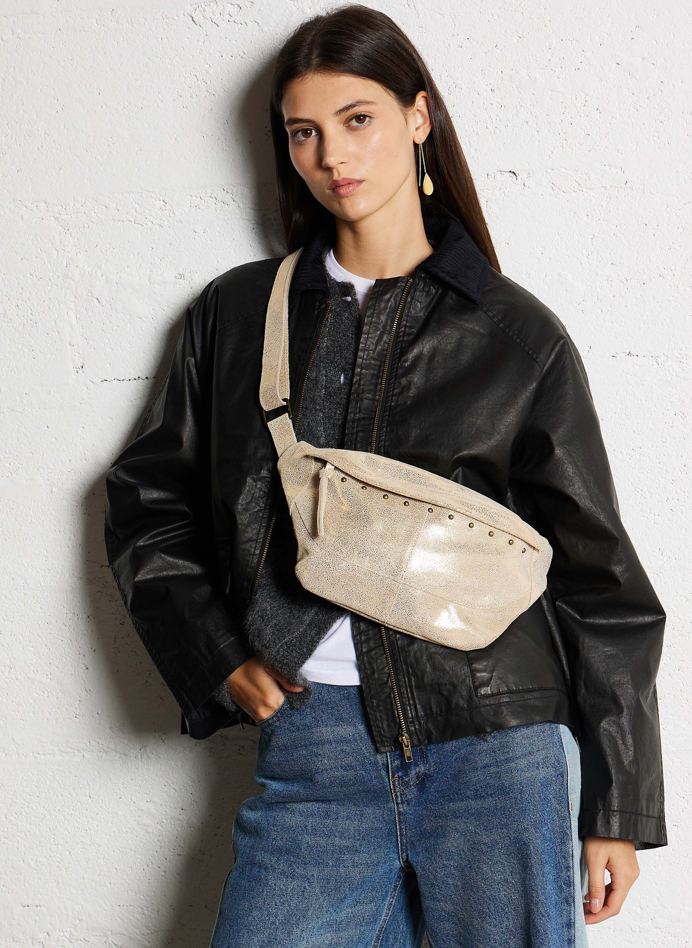 Sac banane métallisé en cuir PIECES Doré