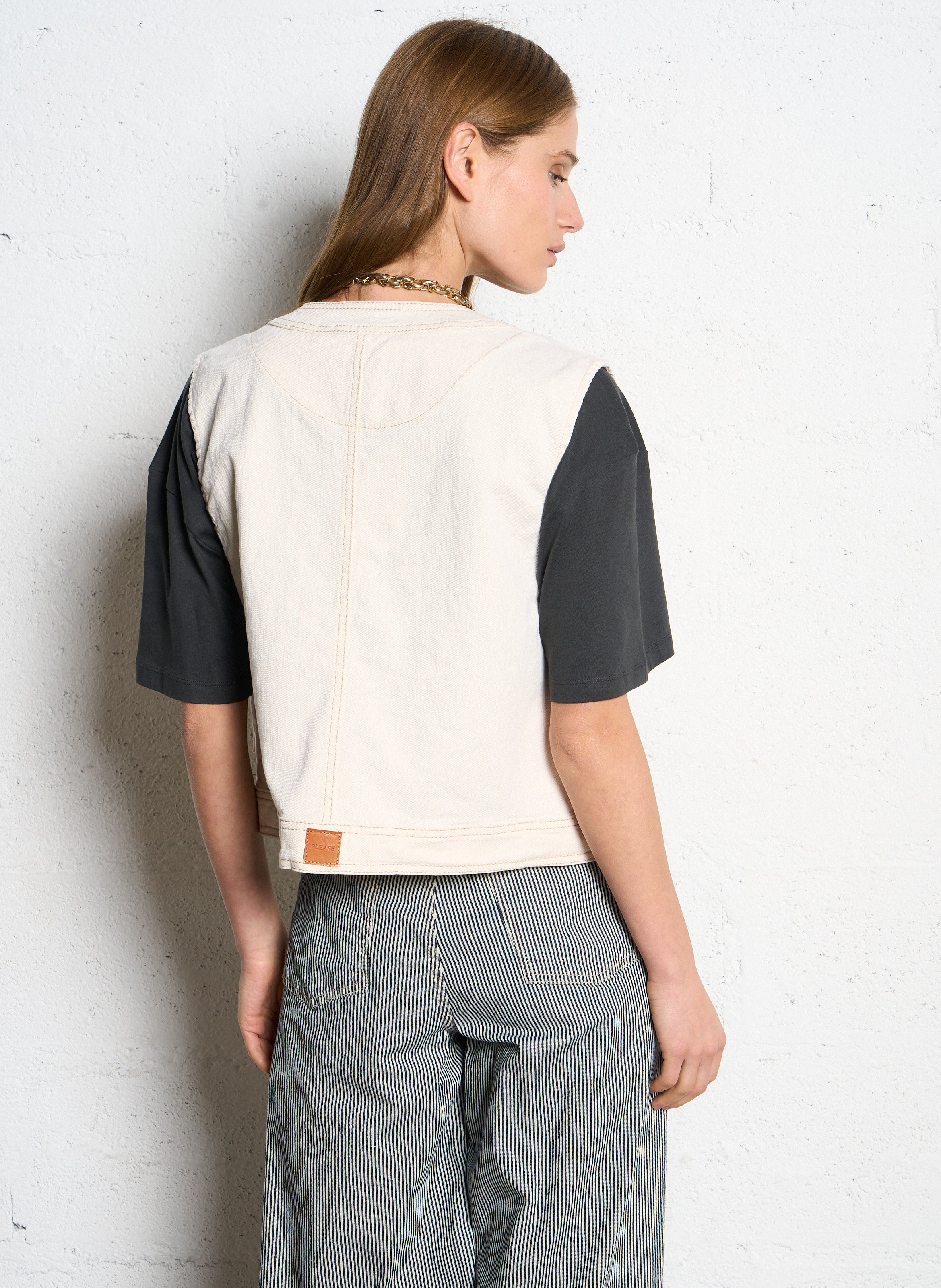 Veste en jean col rond PLEASE Beige