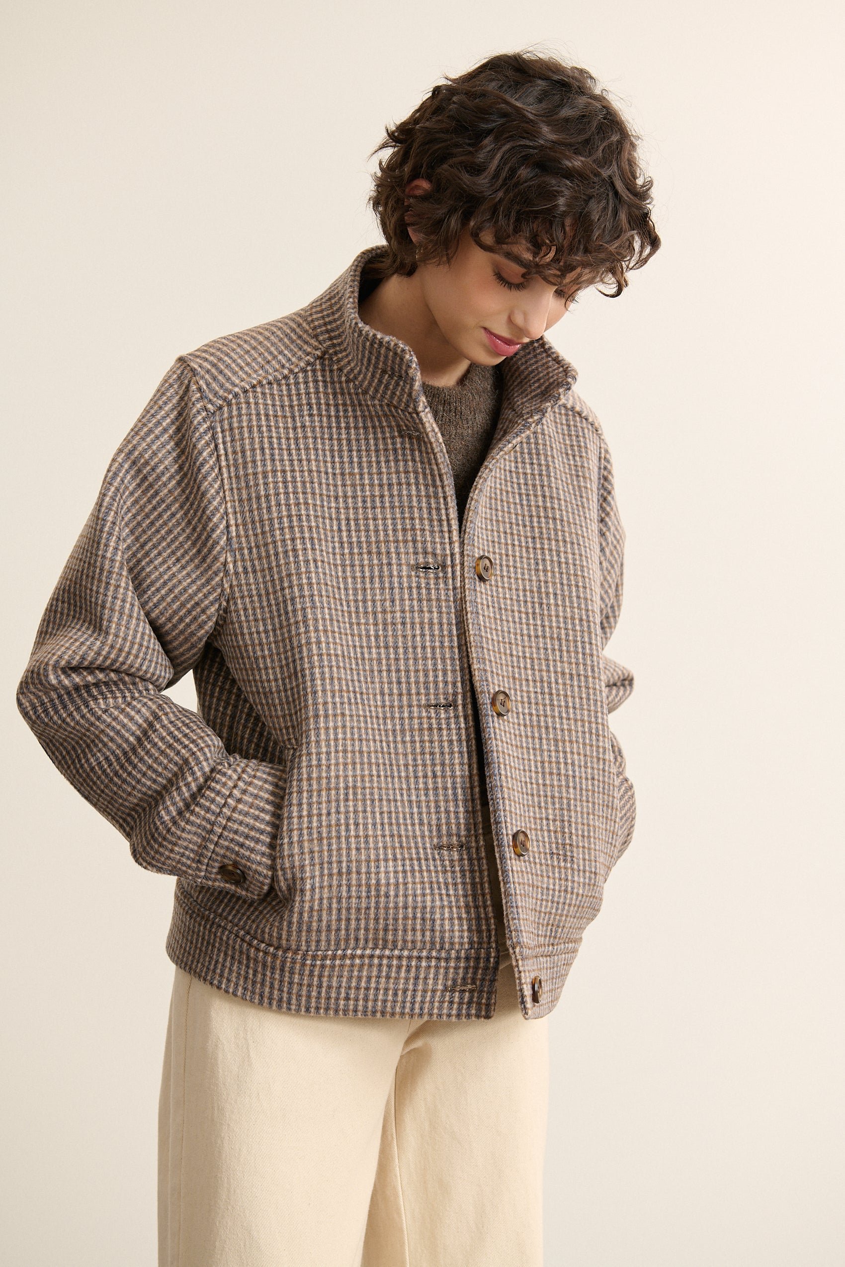 Cropped wool-blend check jacket GARANCE PARIS Blue