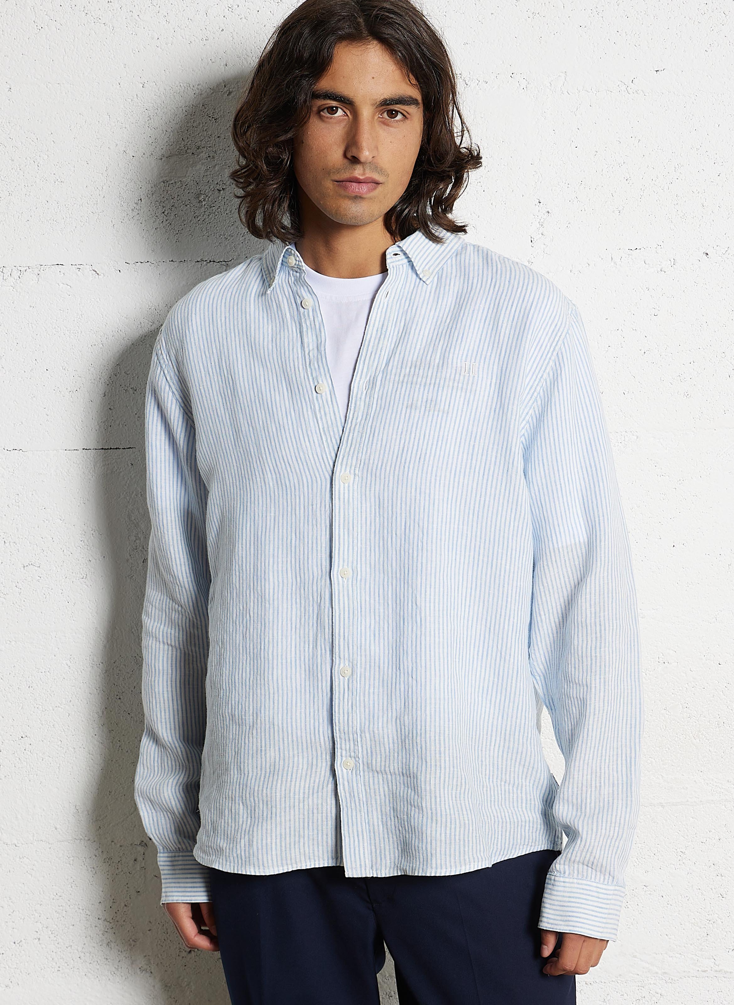 Linen striped classic collar shirt LES DEUX Blue