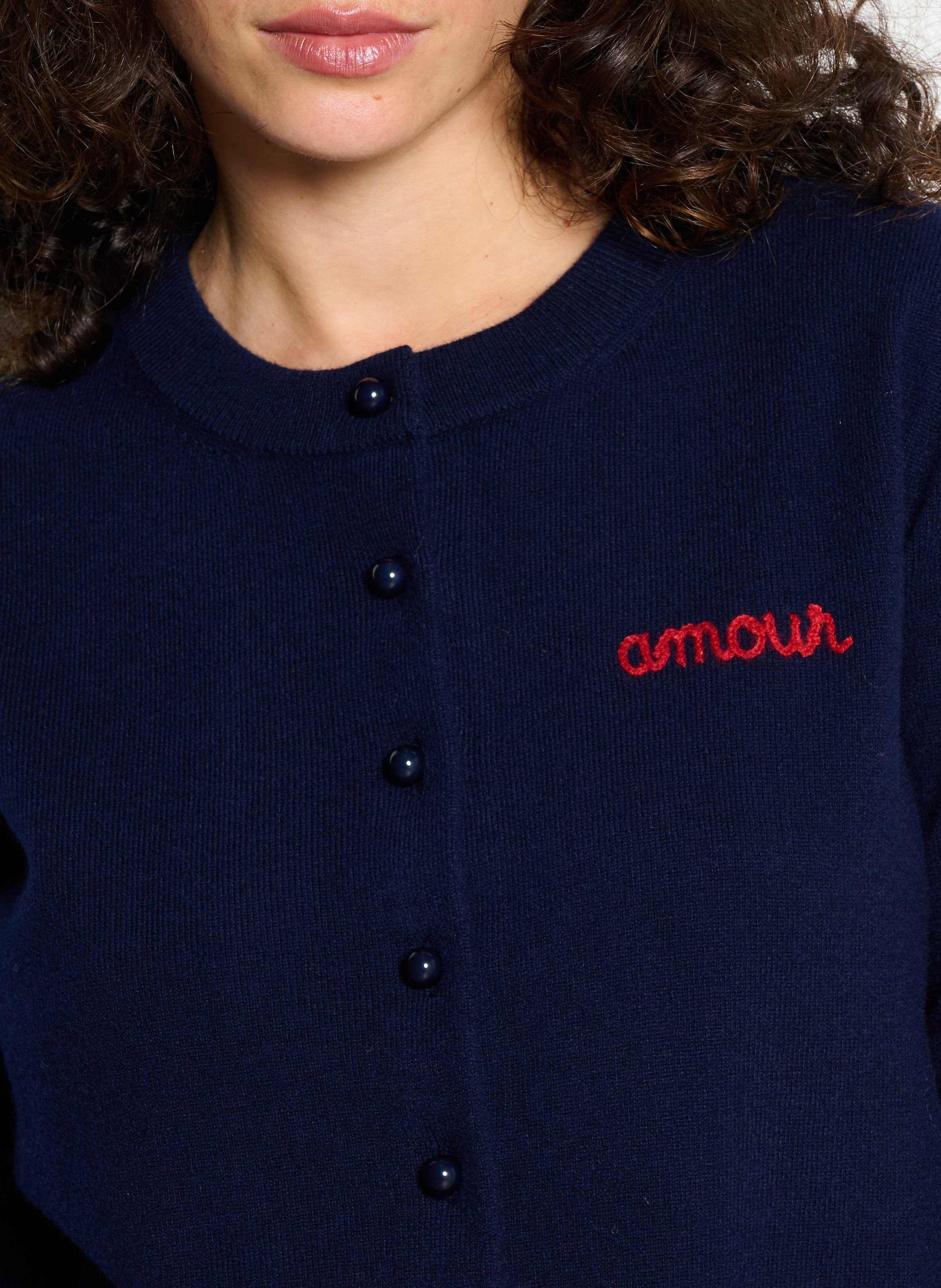 Gerader Strickweste mit Rundhalsausschnitt und Merinowolle-Stickerei BERENICE Blau