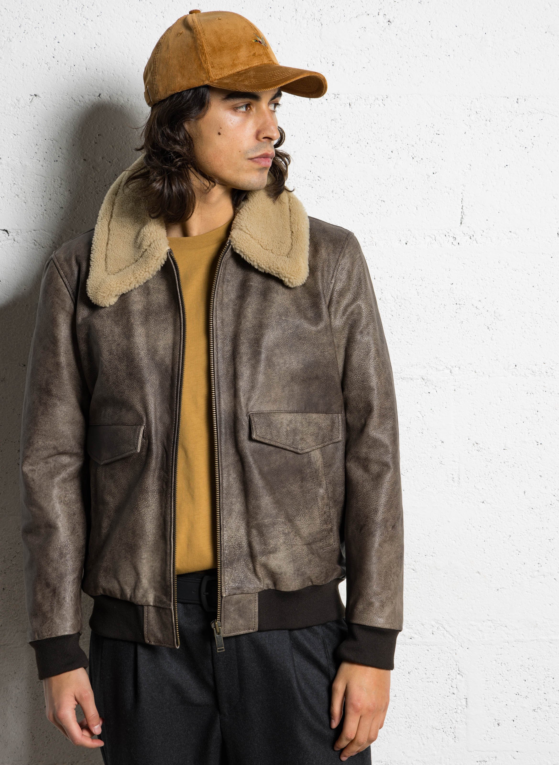 Oversized leather jacket with classic collar CHEVIGNON Brown