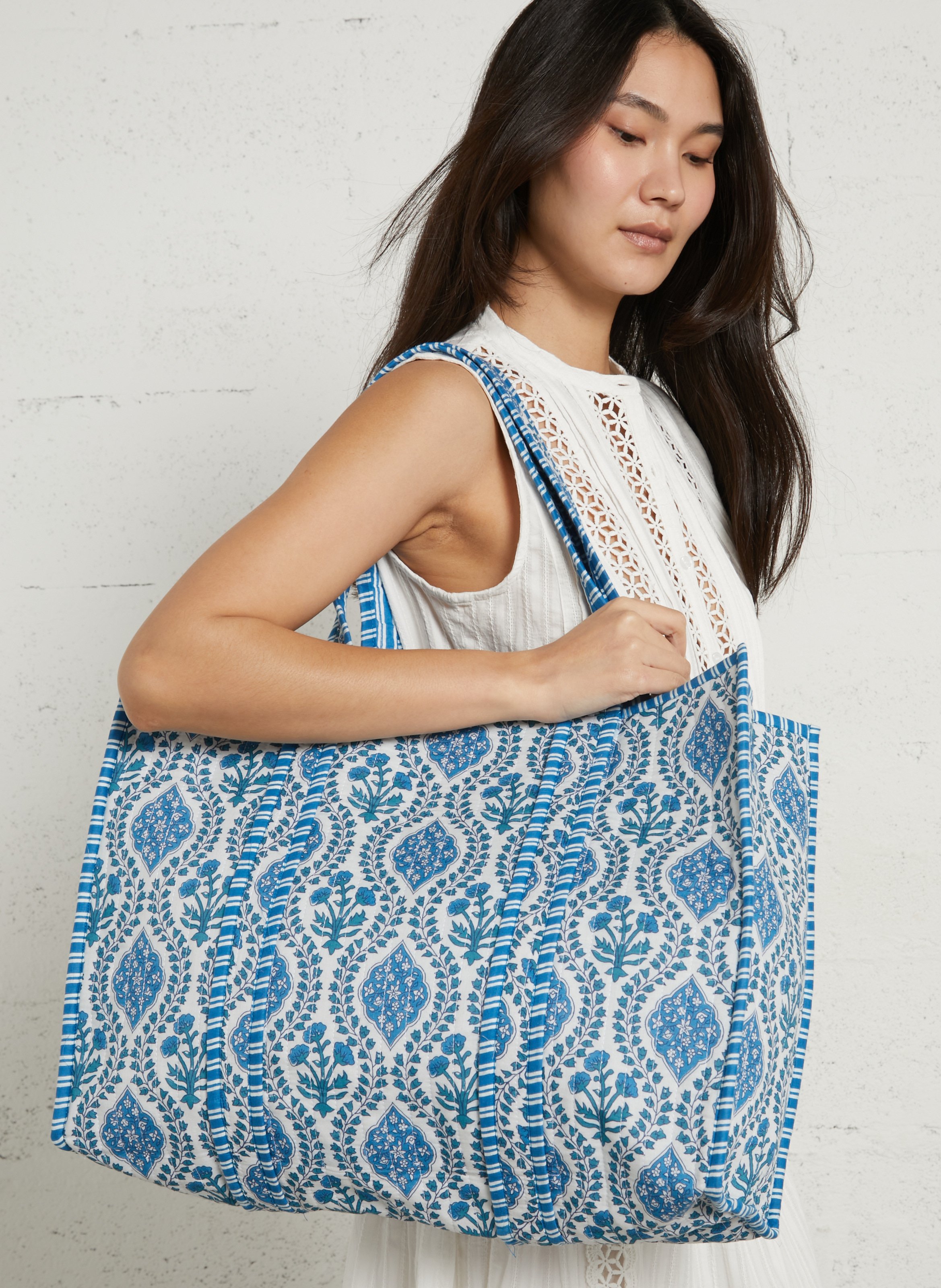 Shopper aus bedruckter Baumwolle AU PRINTEMPS PARIS Blau