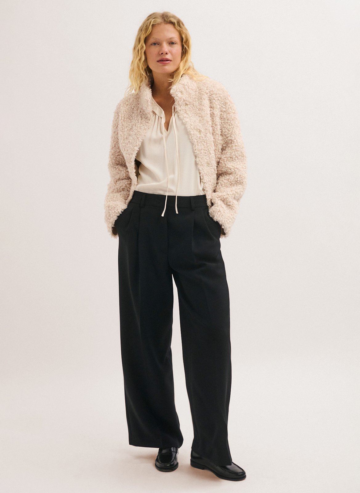 Manteau droit col montant en fourrure synthétique PABLO Beige