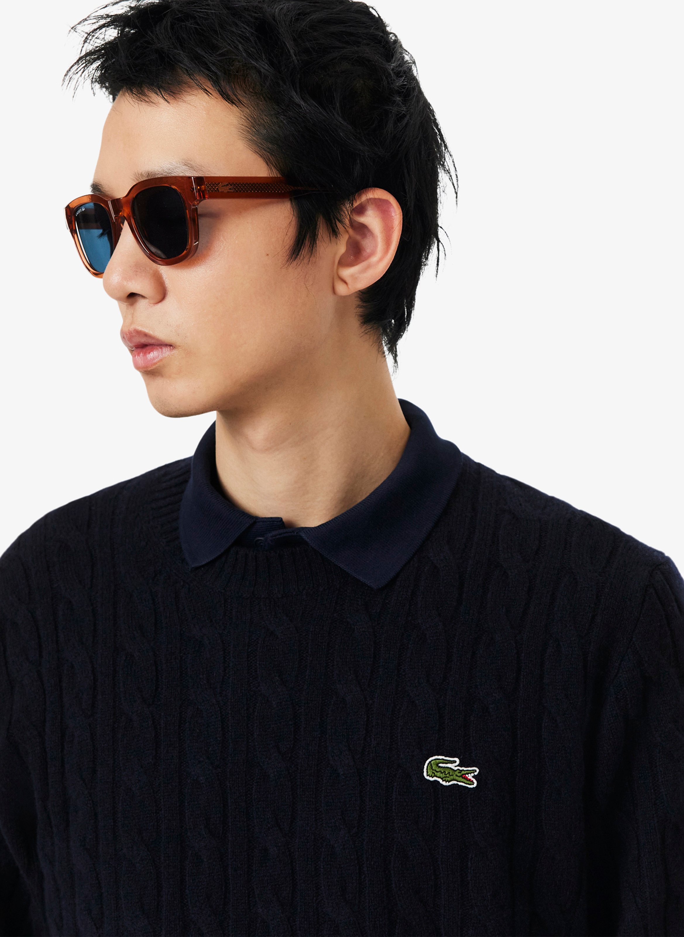 Straight wool cable-knit round-neck jumper LACOSTE Blue