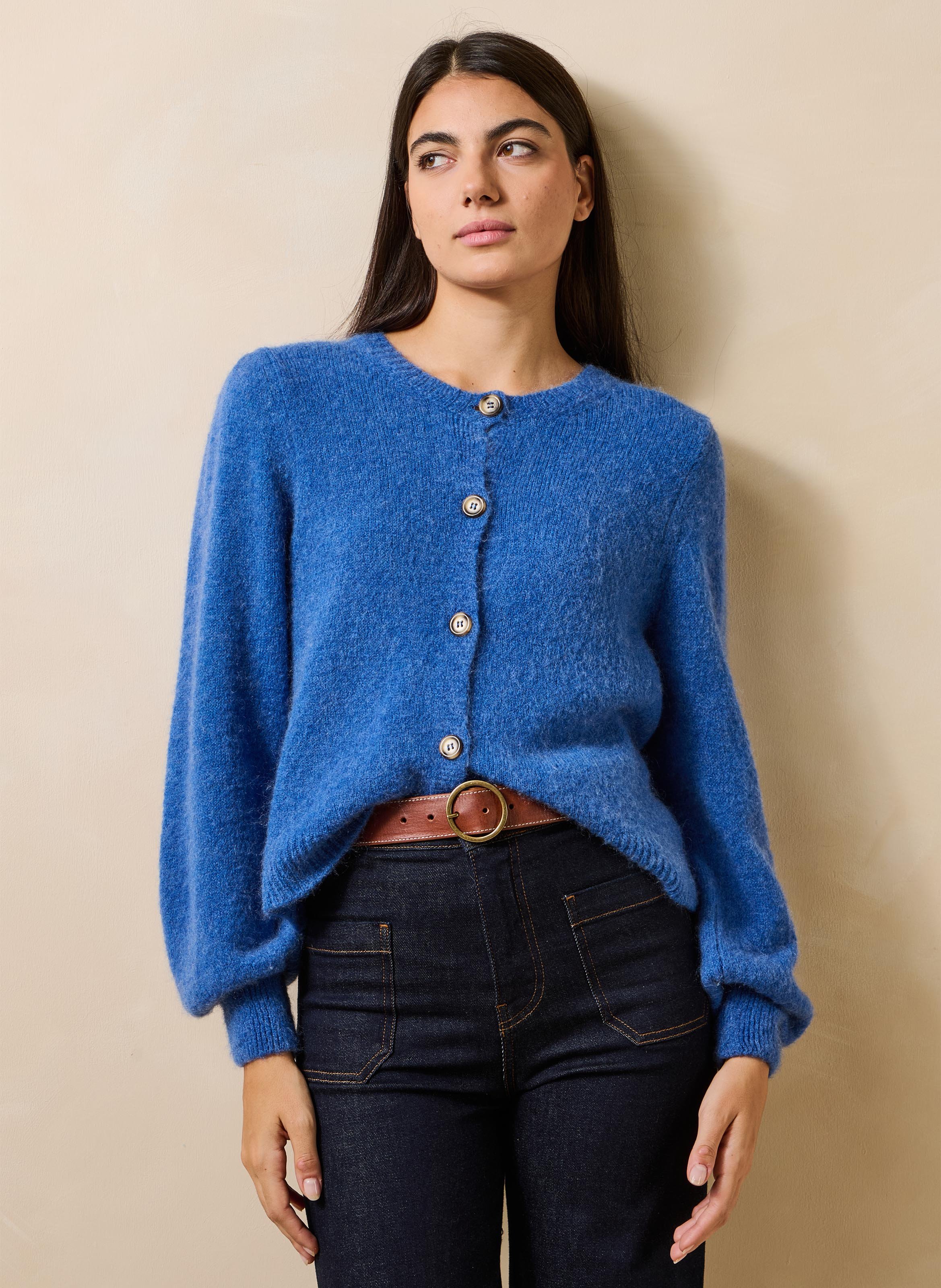 Weite Strick-Mix-Jacke mit Rundhalskragen LA FEE MARABOUTEE Blau