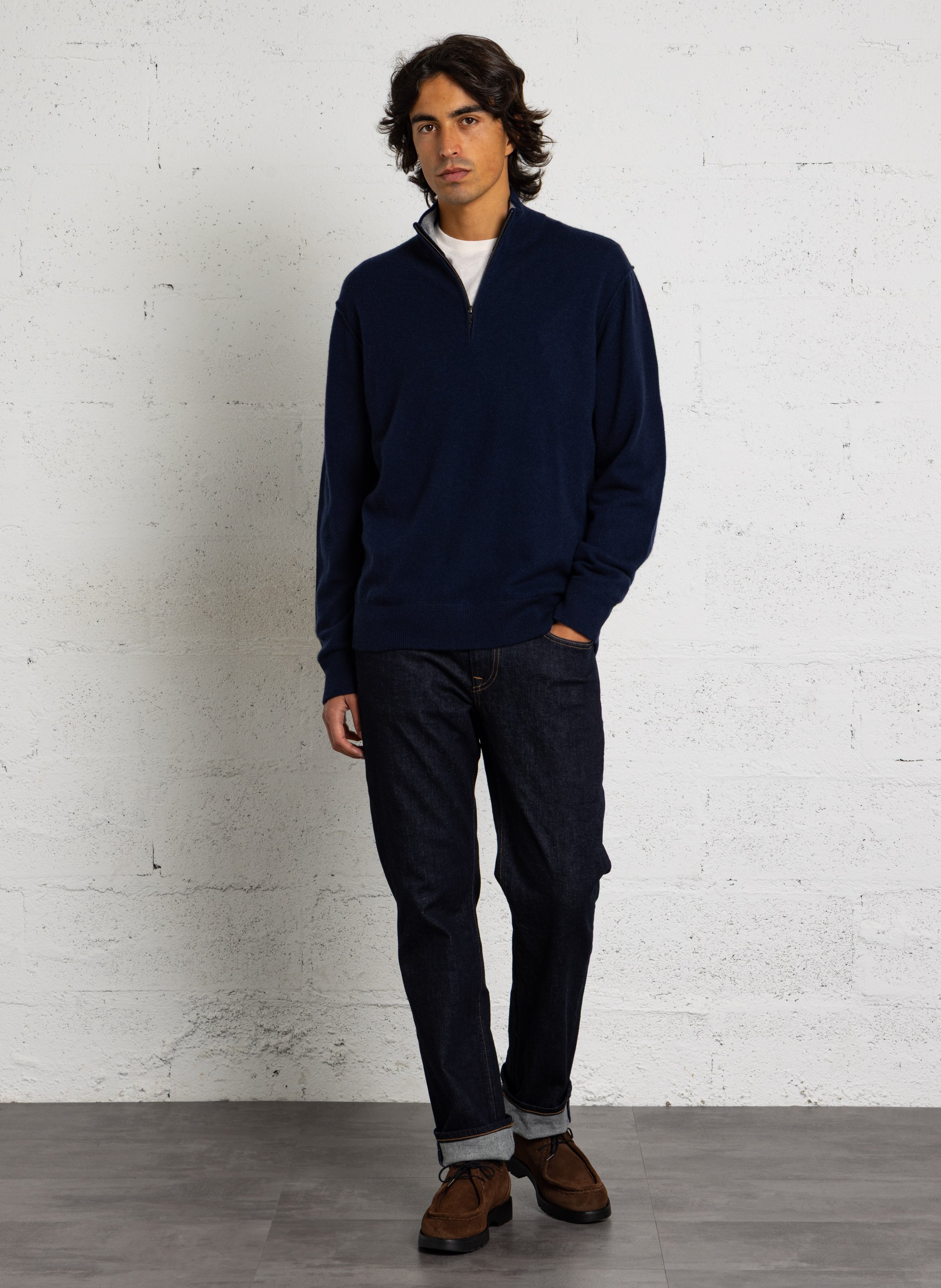 Pullover dritto con collo camionista in lana e cashmere HARTFORD Blu