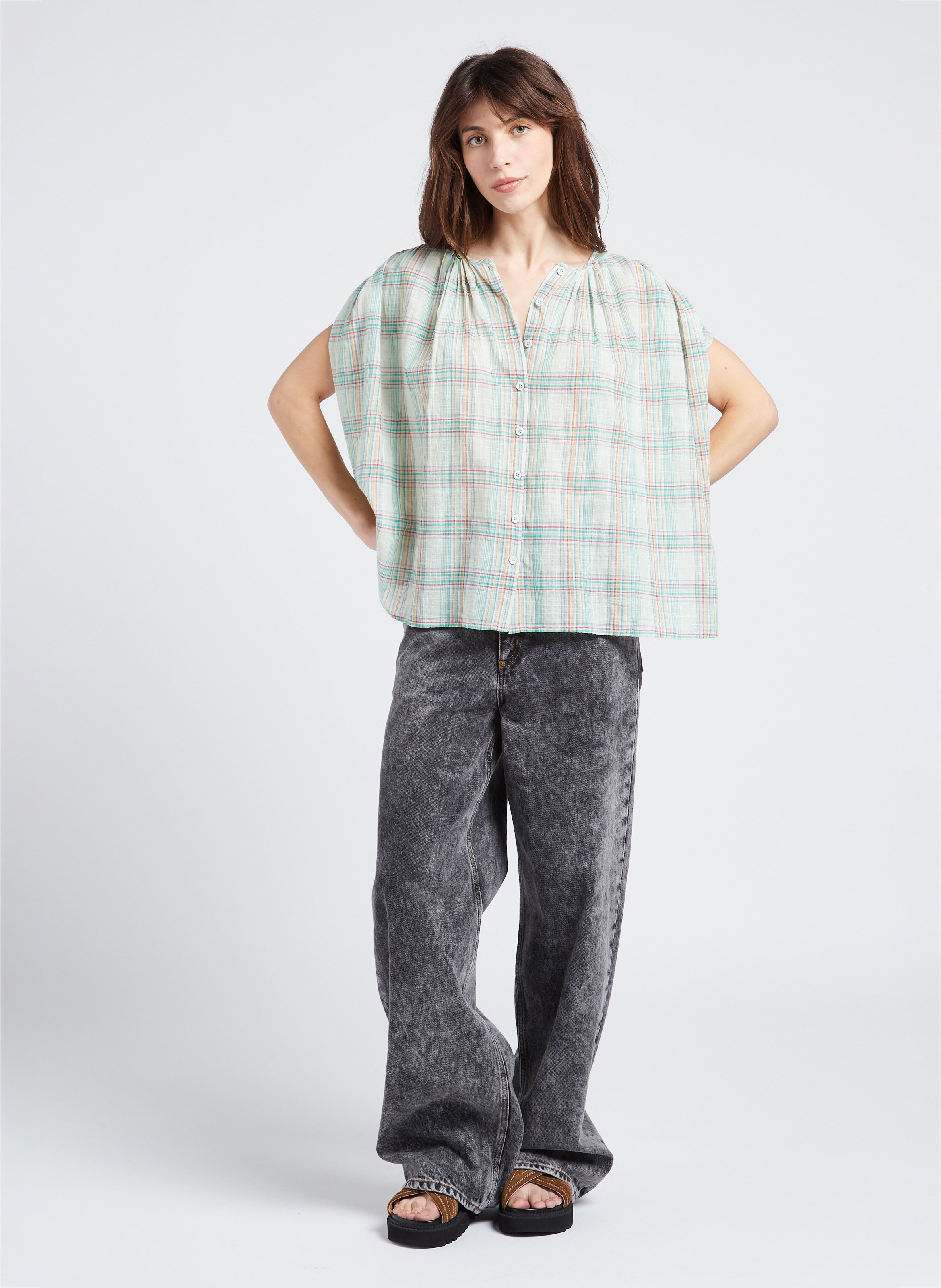 Loose-fit cotton shirt with round neck SWILDENS Blue