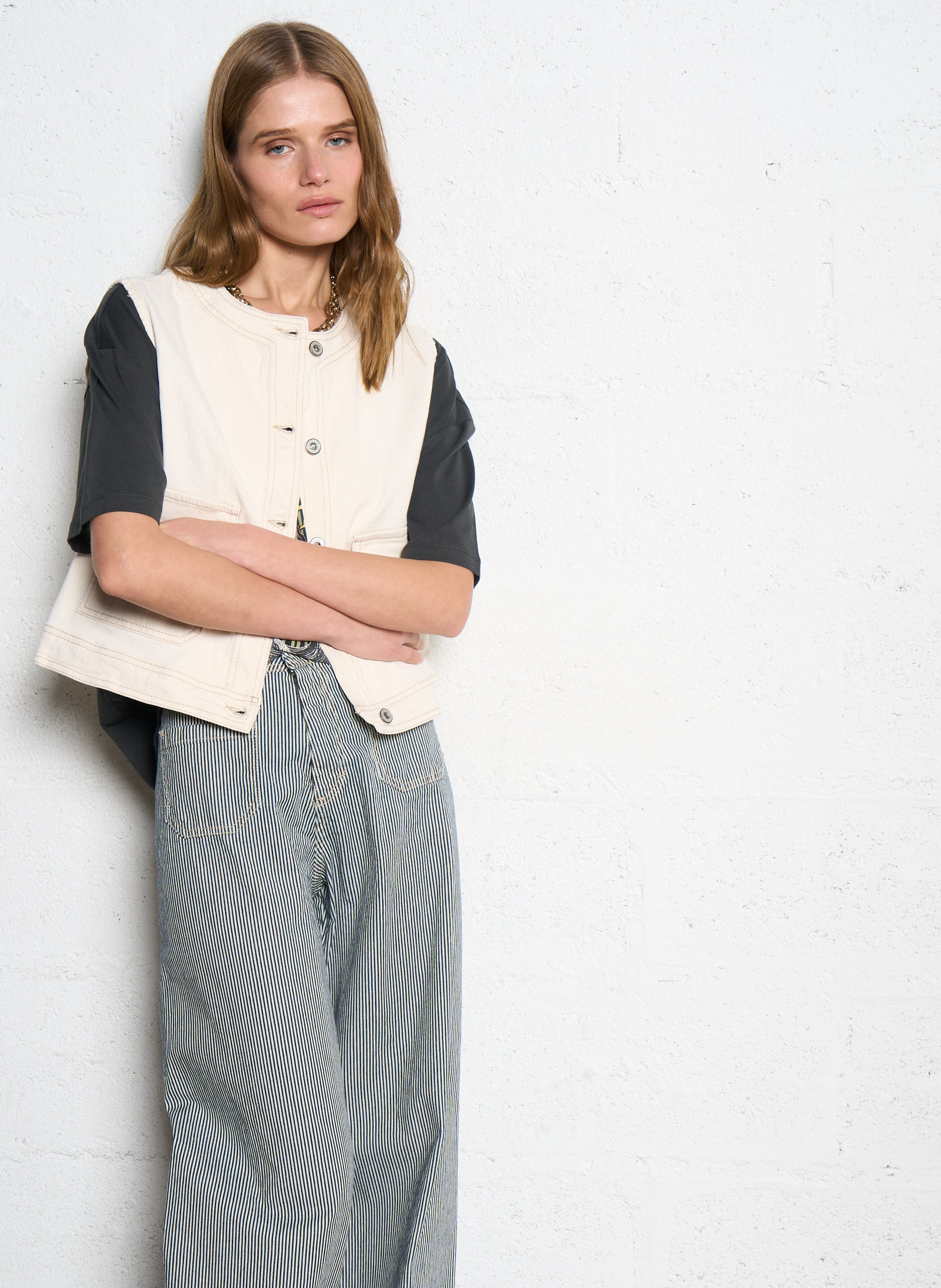 Veste en jean col rond PLEASE Beige