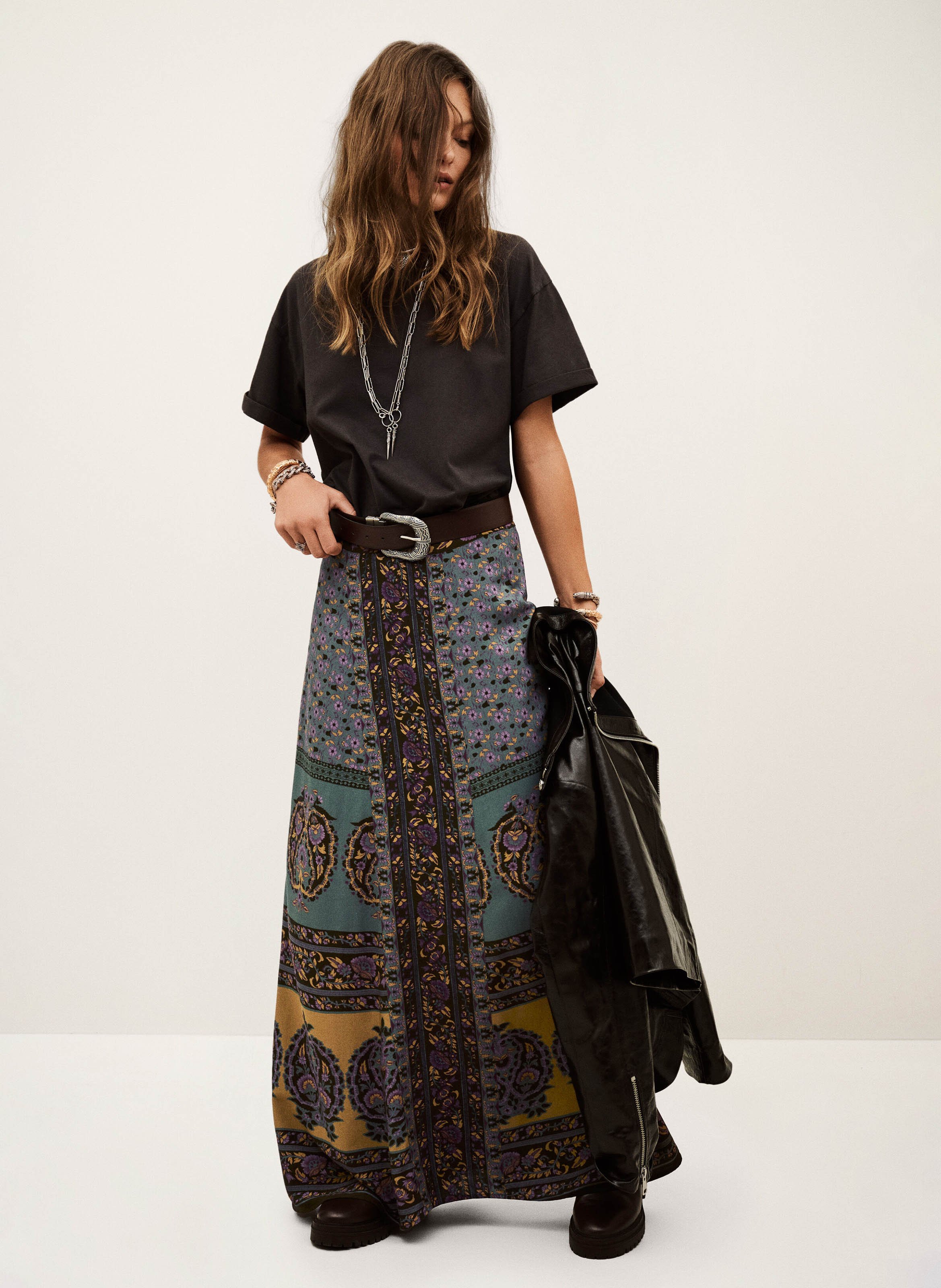 Jupe midi imprimée taille haute BA&SH Marron