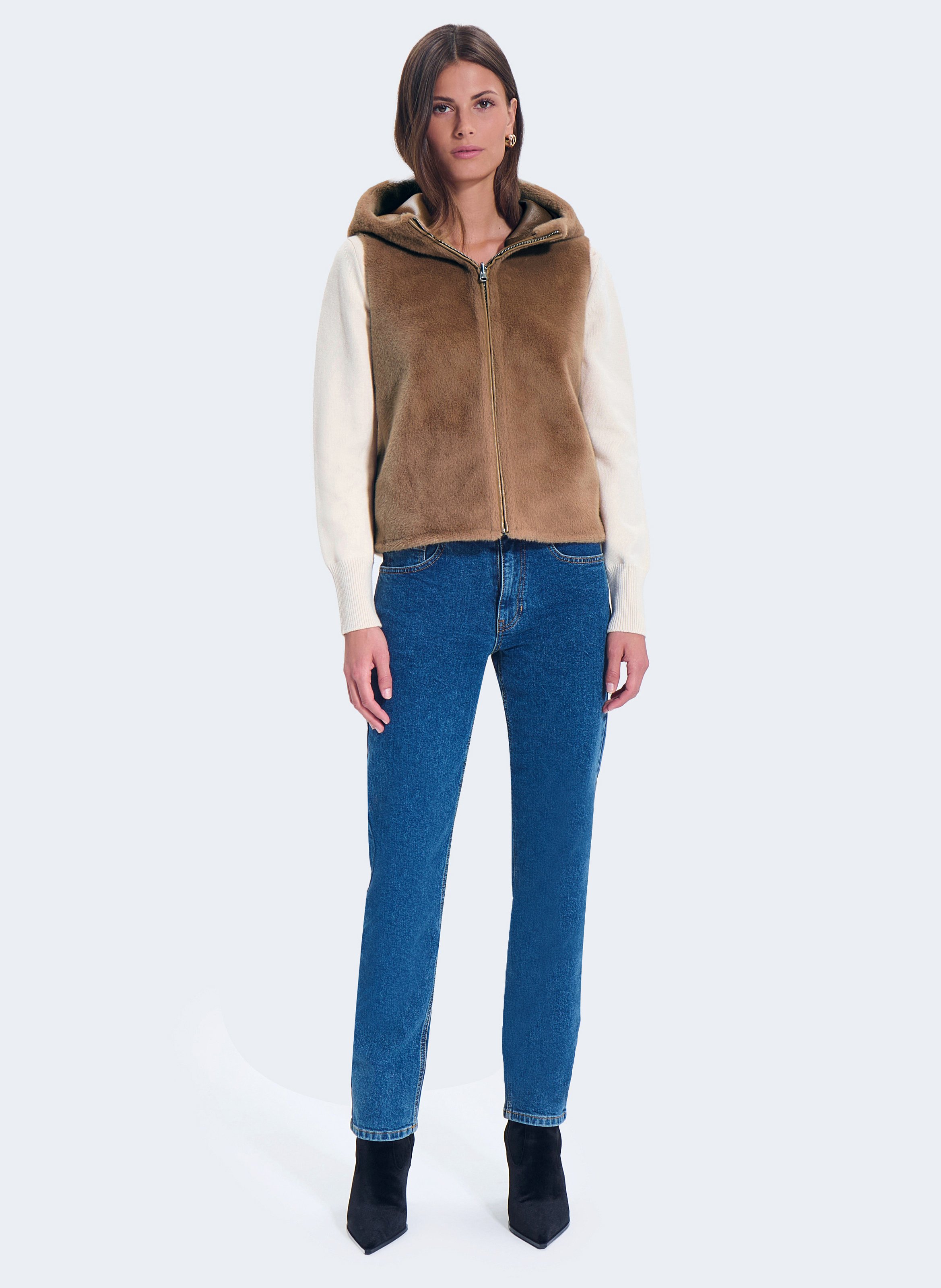 Straight jacket with high collar in faux fur ZAPA Brown