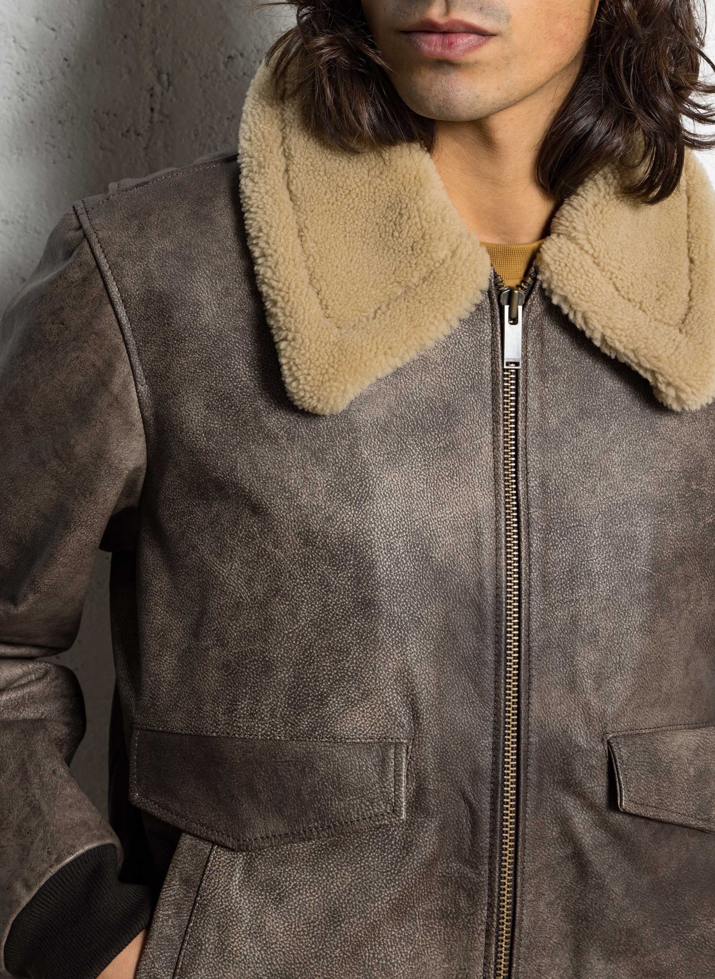 Oversized leather jacket with classic collar CHEVIGNON Brown