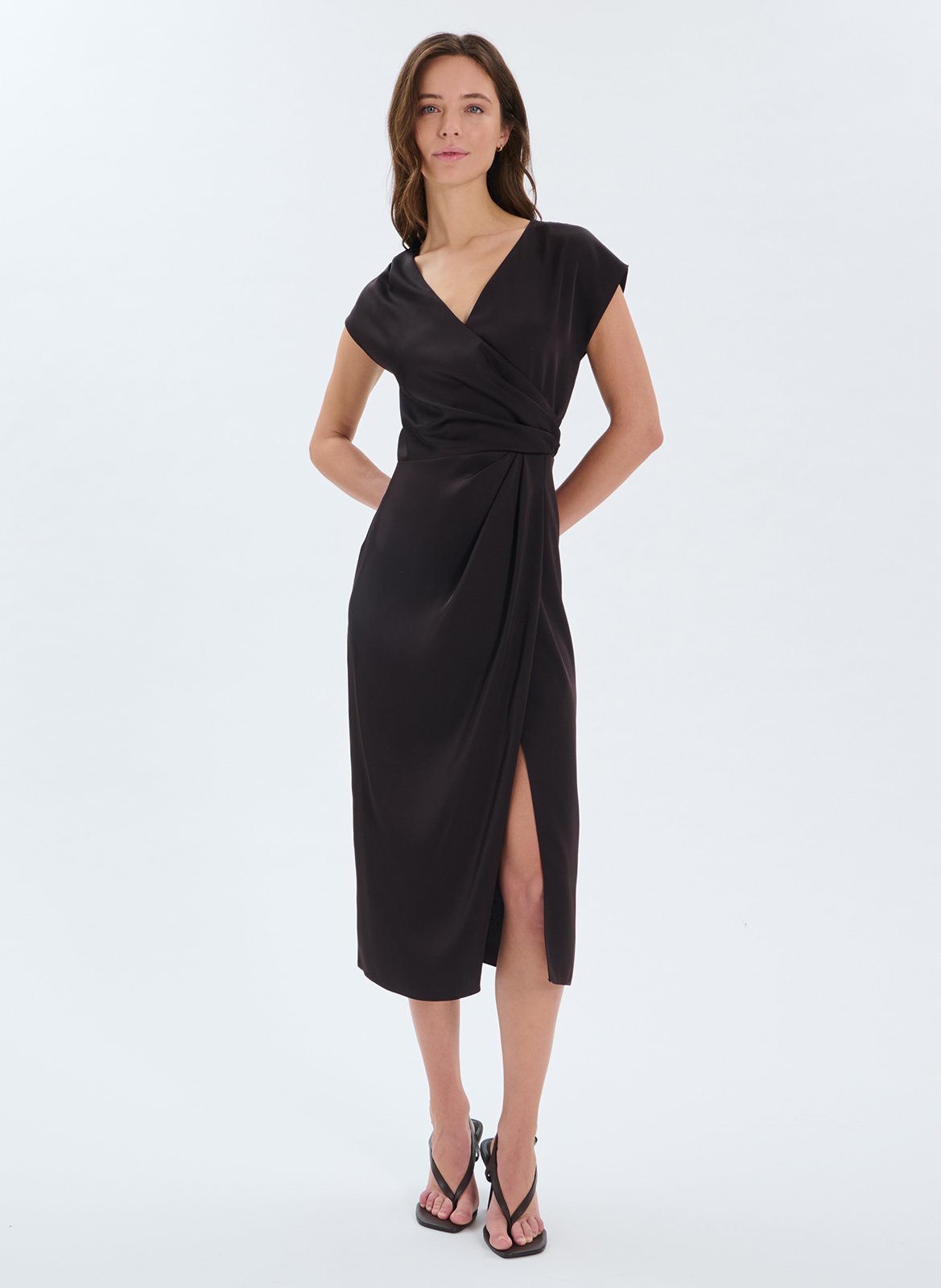 Long v-neck satin dress ZAPA Brown