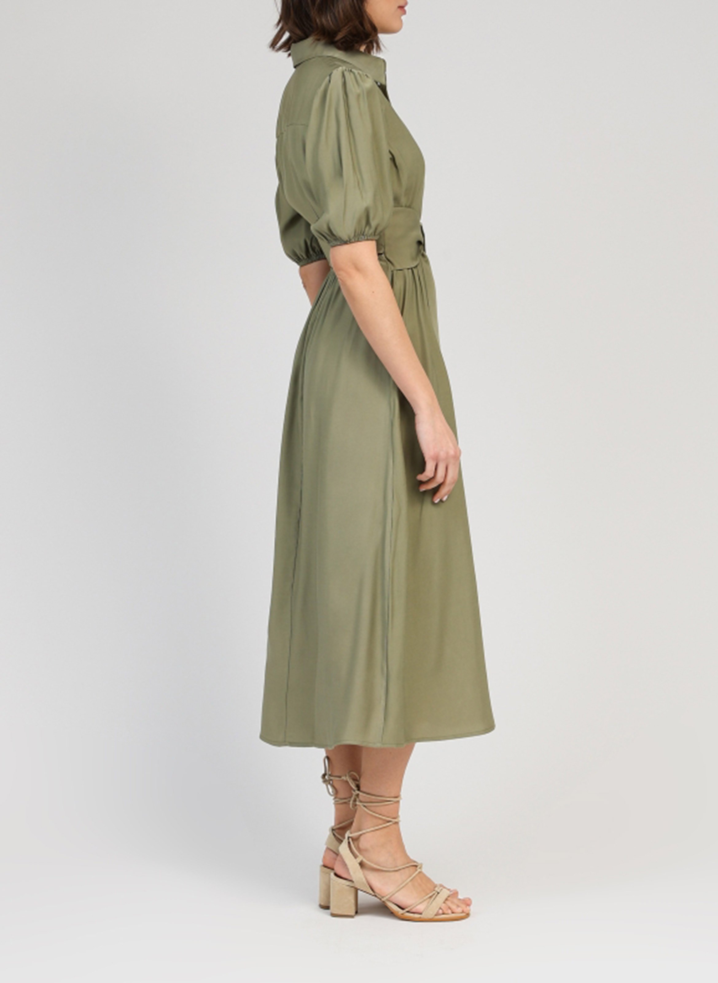 Midi-A-Linie-Kleid mit kurzen Ärmeln AN'GE Khaki