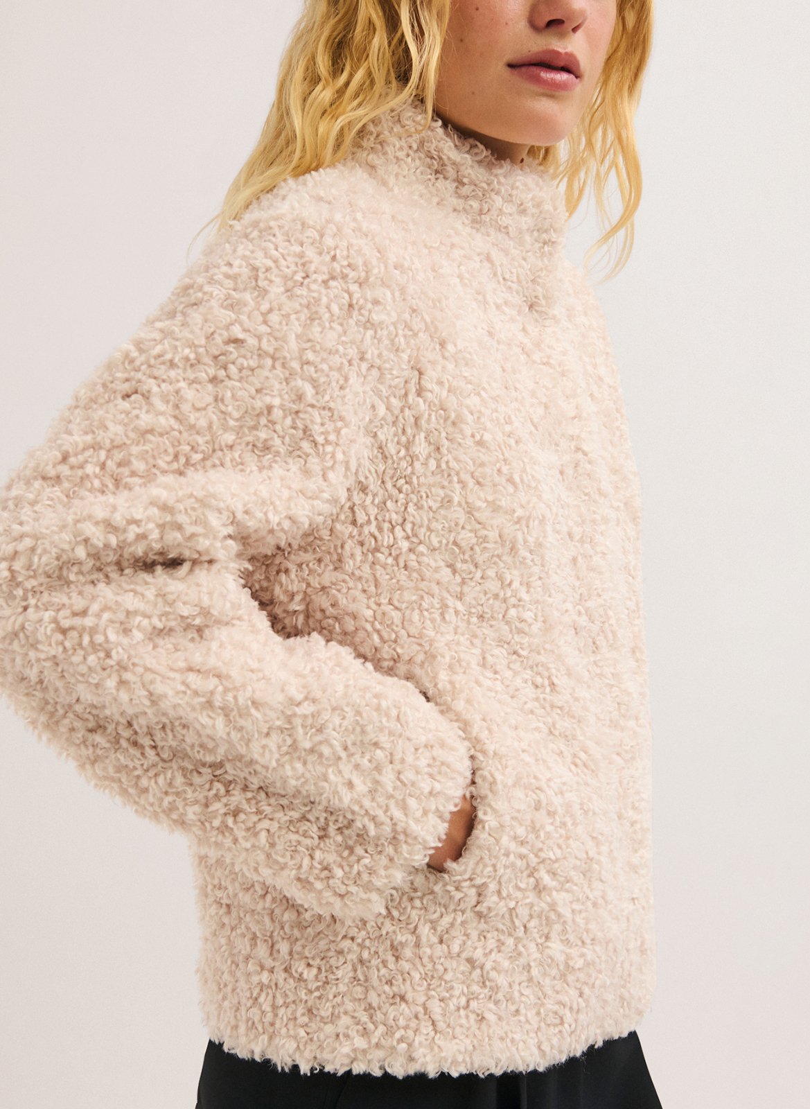 Manteau droit col montant en fourrure synthétique PABLO Beige