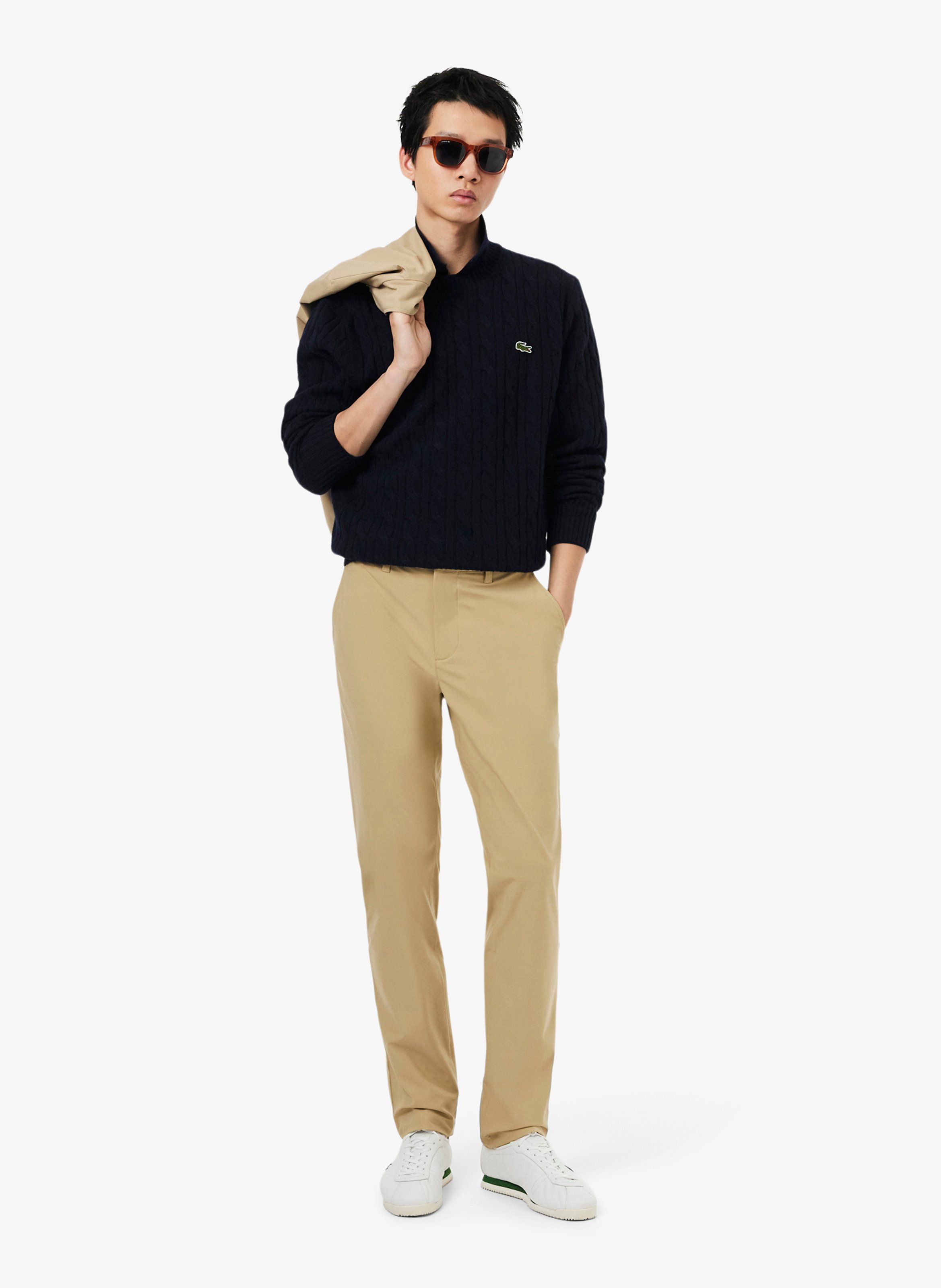 Straight wool cable-knit round-neck jumper LACOSTE Blue