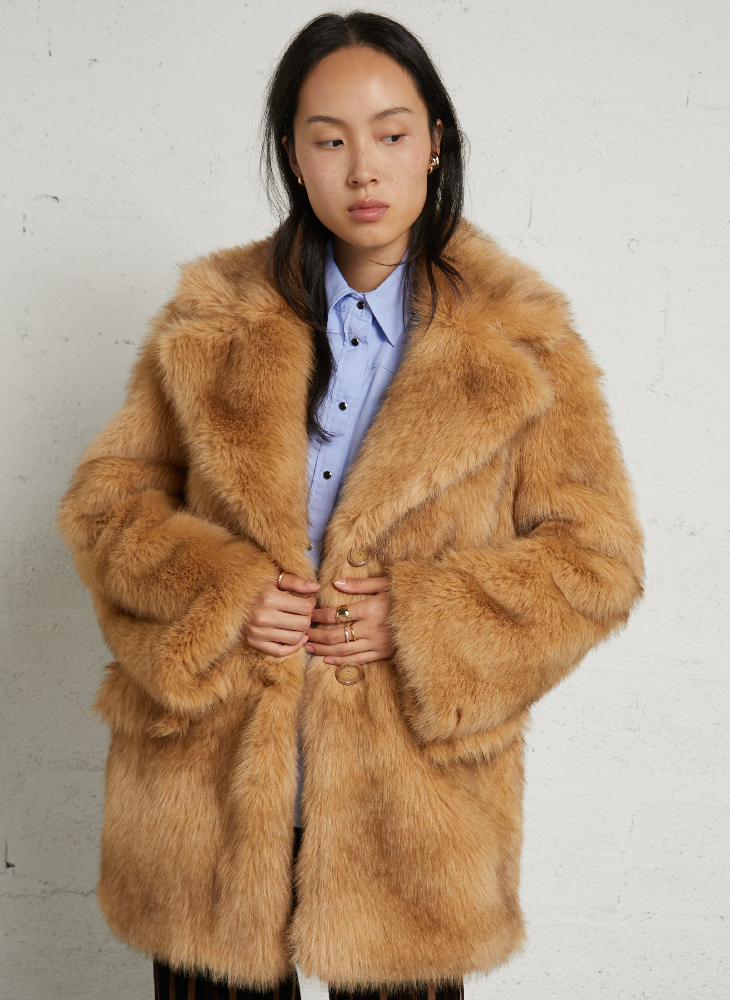 Manteau droit col tailleur en fourrure synthétique MES DEMOISELLES Beige