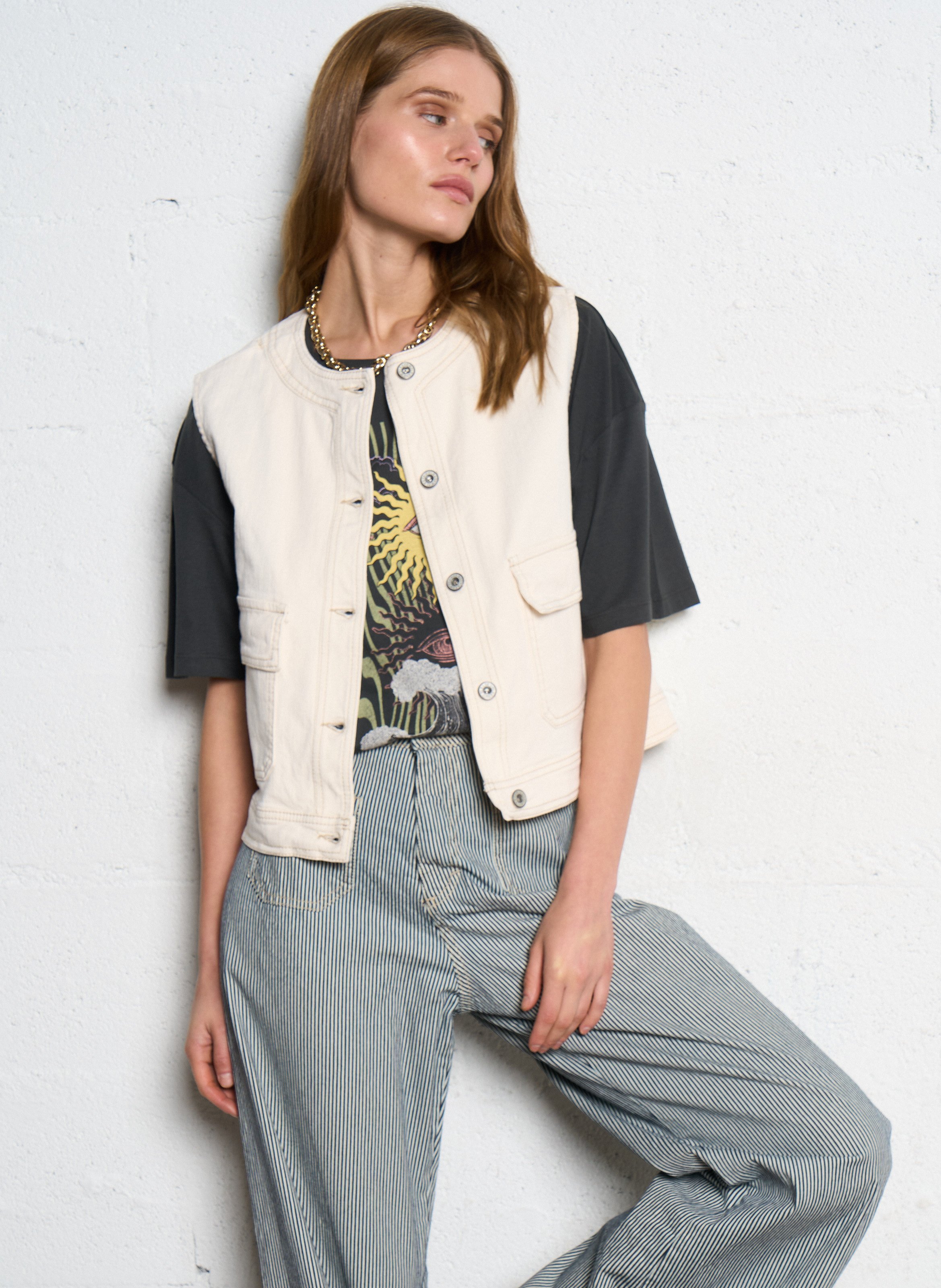 Veste en jean col rond PLEASE Beige