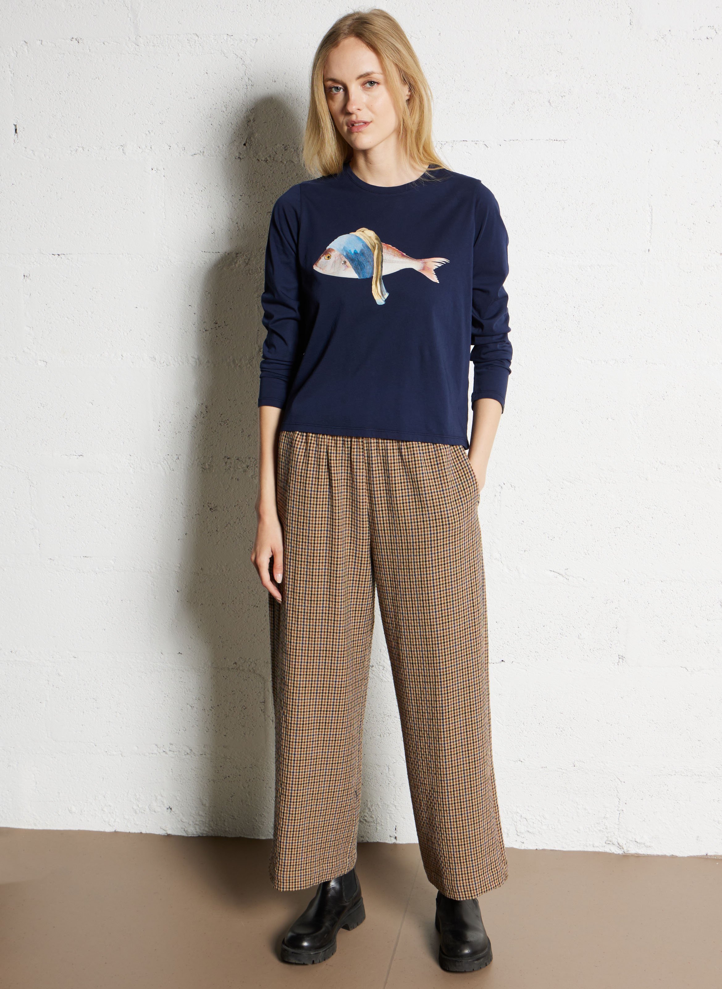 Pantalon large taille haute motif pied-de-poule NICE THINGS Beige