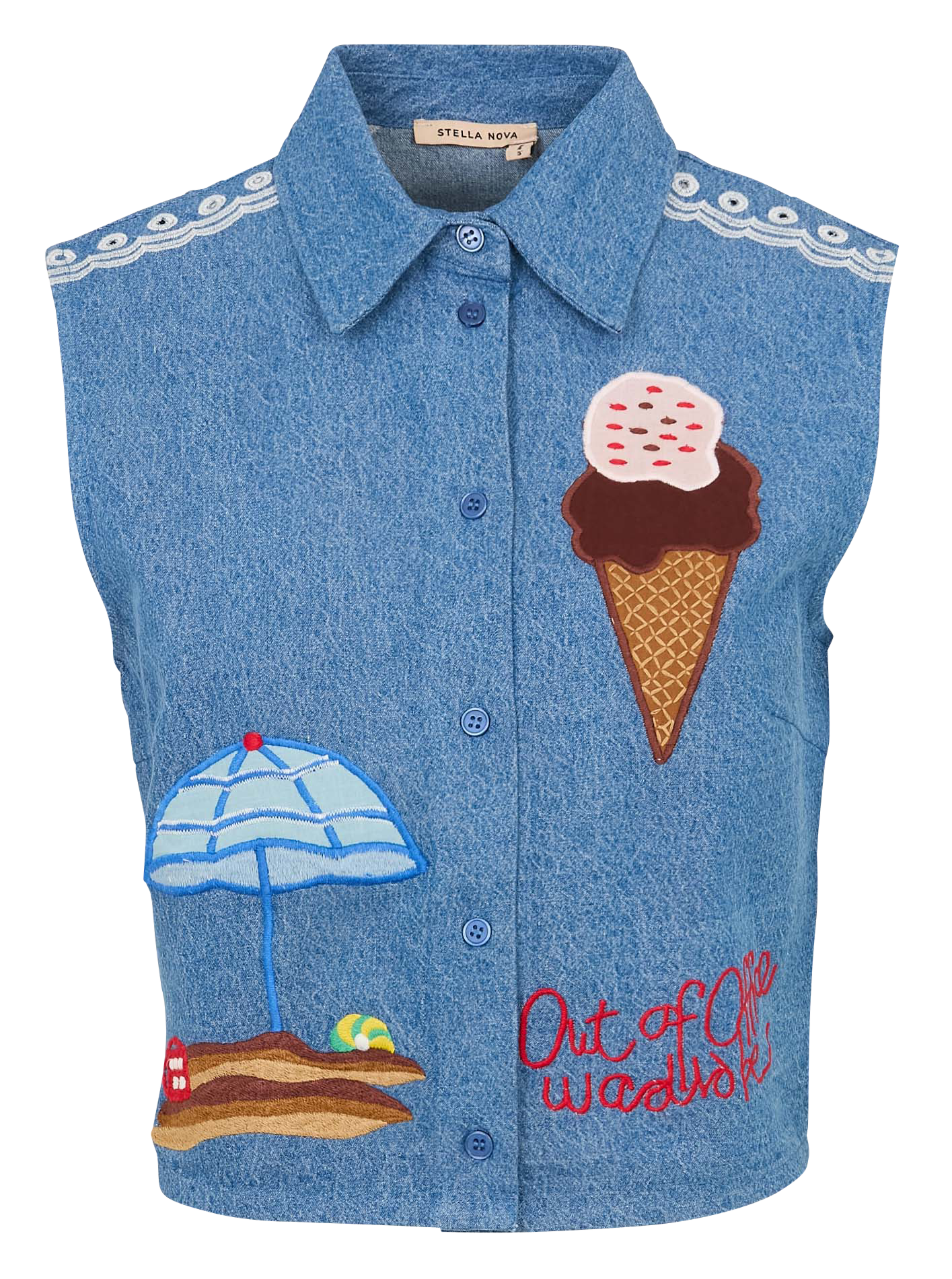 Veste courte sans manches brodée STELLA NOVA Bleu