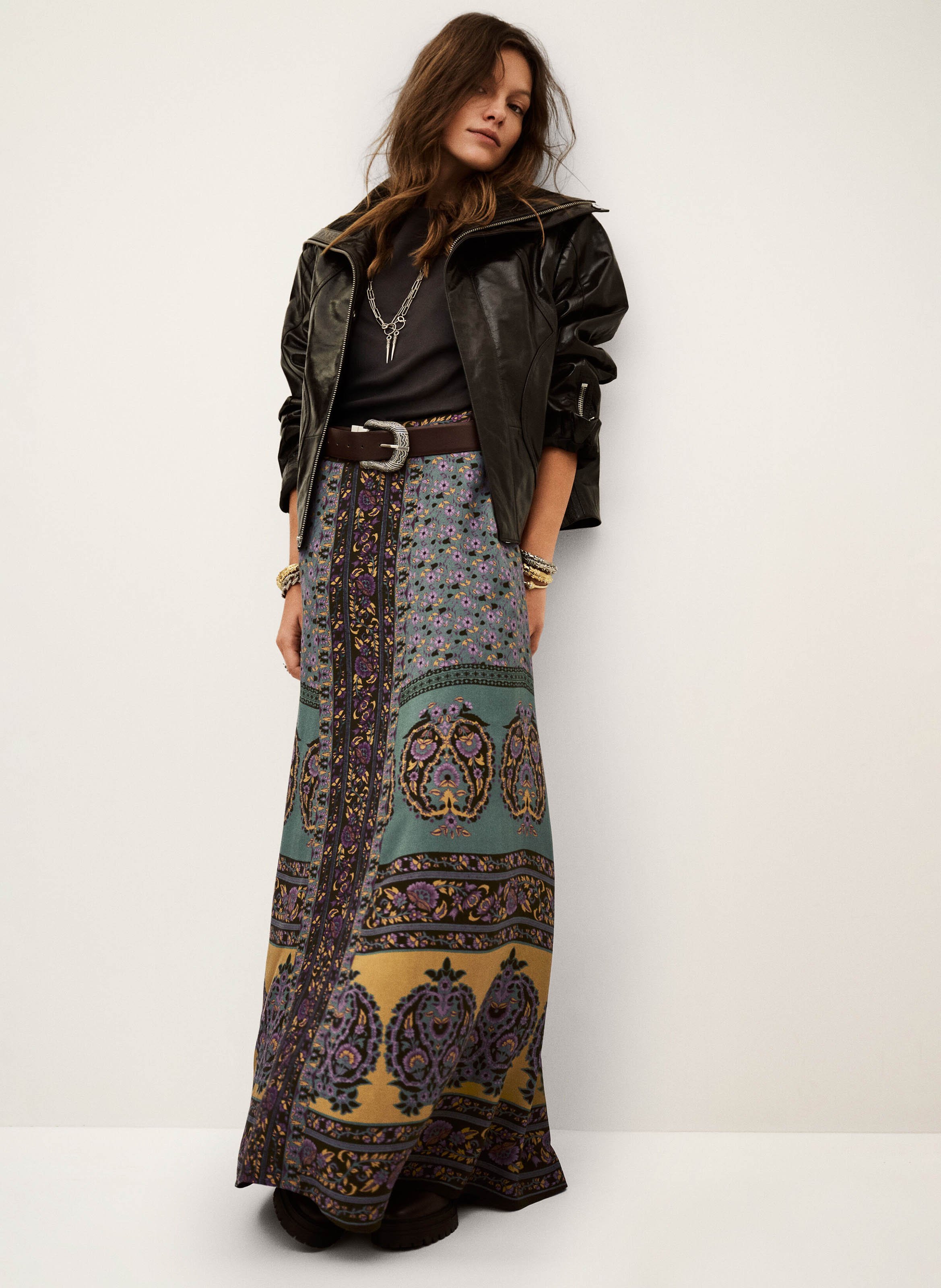 Jupe midi imprimée taille haute BA&SH Marron