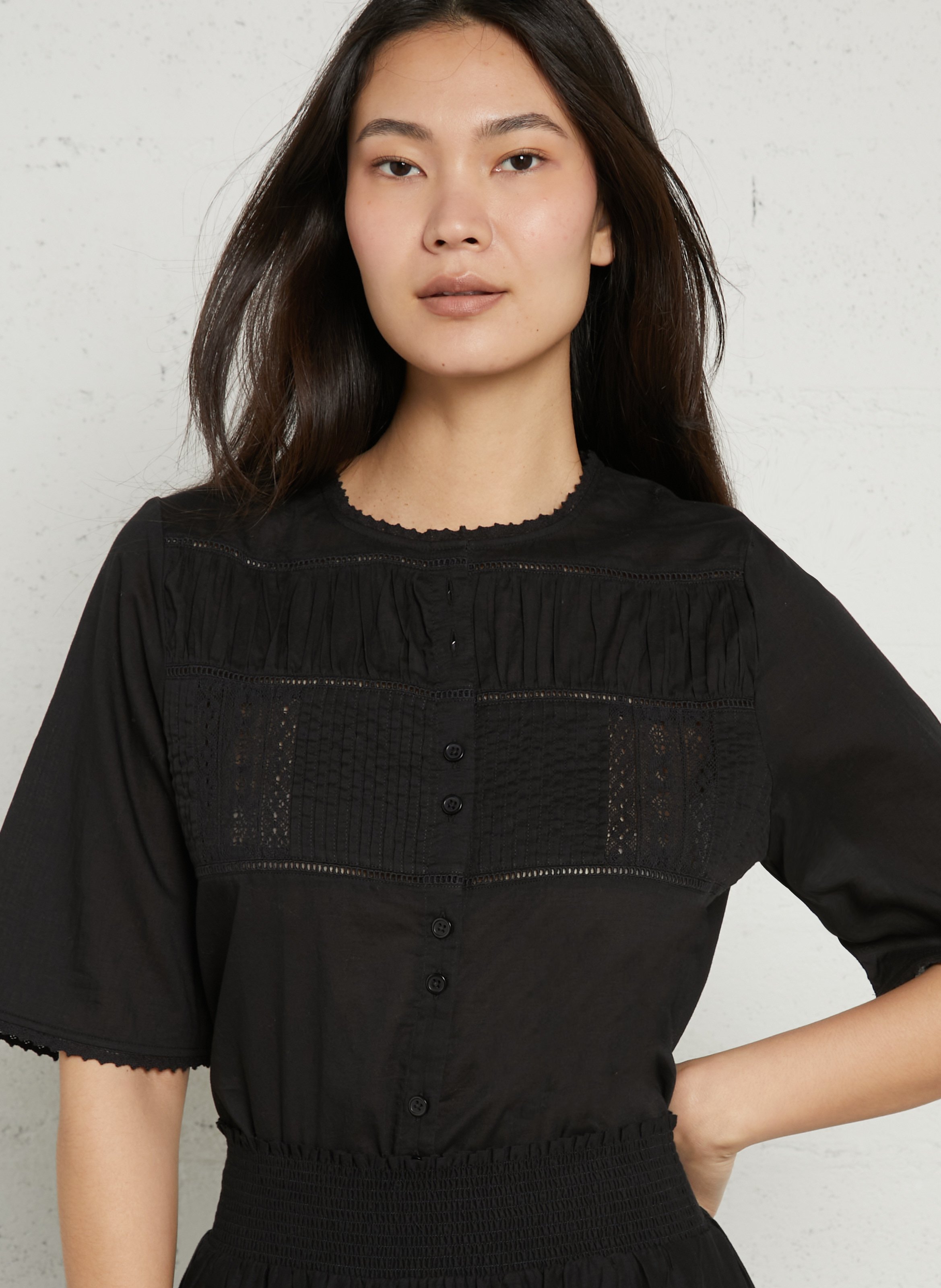 Chemisier manches courtes brodé uni DES PETITS HAUTS Noir