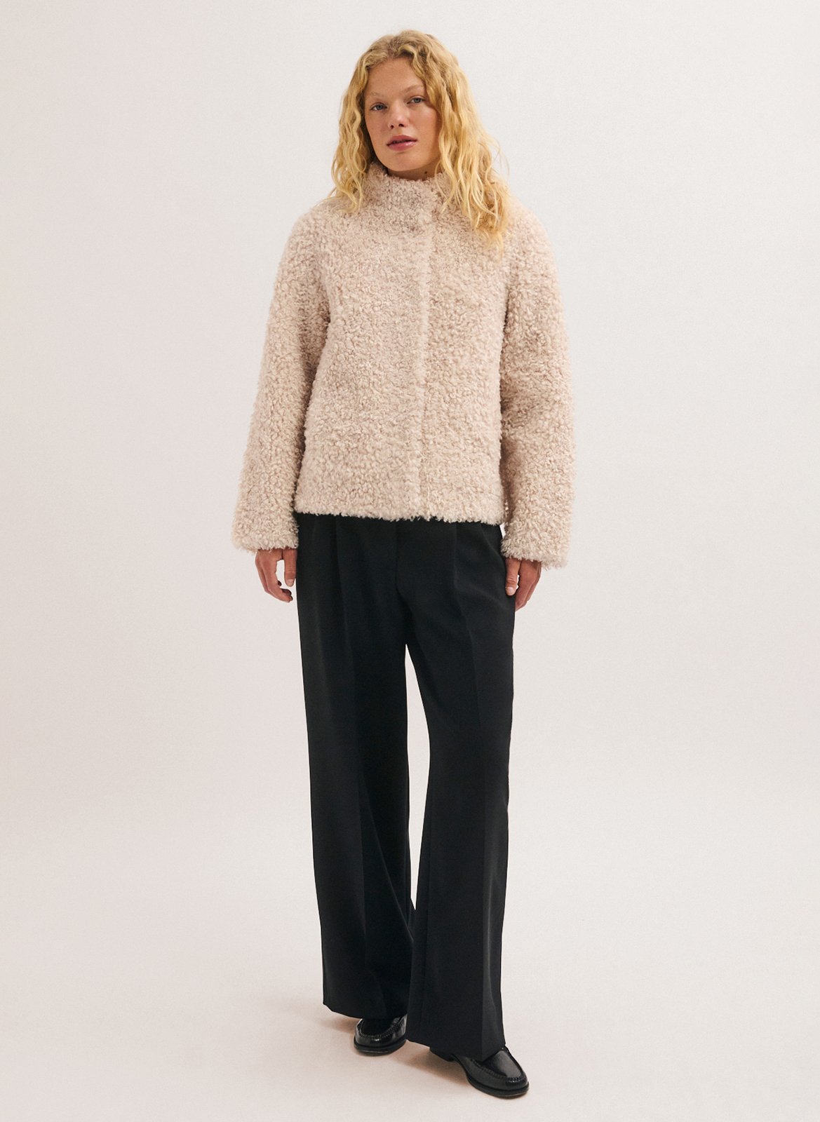 Manteau droit col montant en fourrure synthétique PABLO Beige