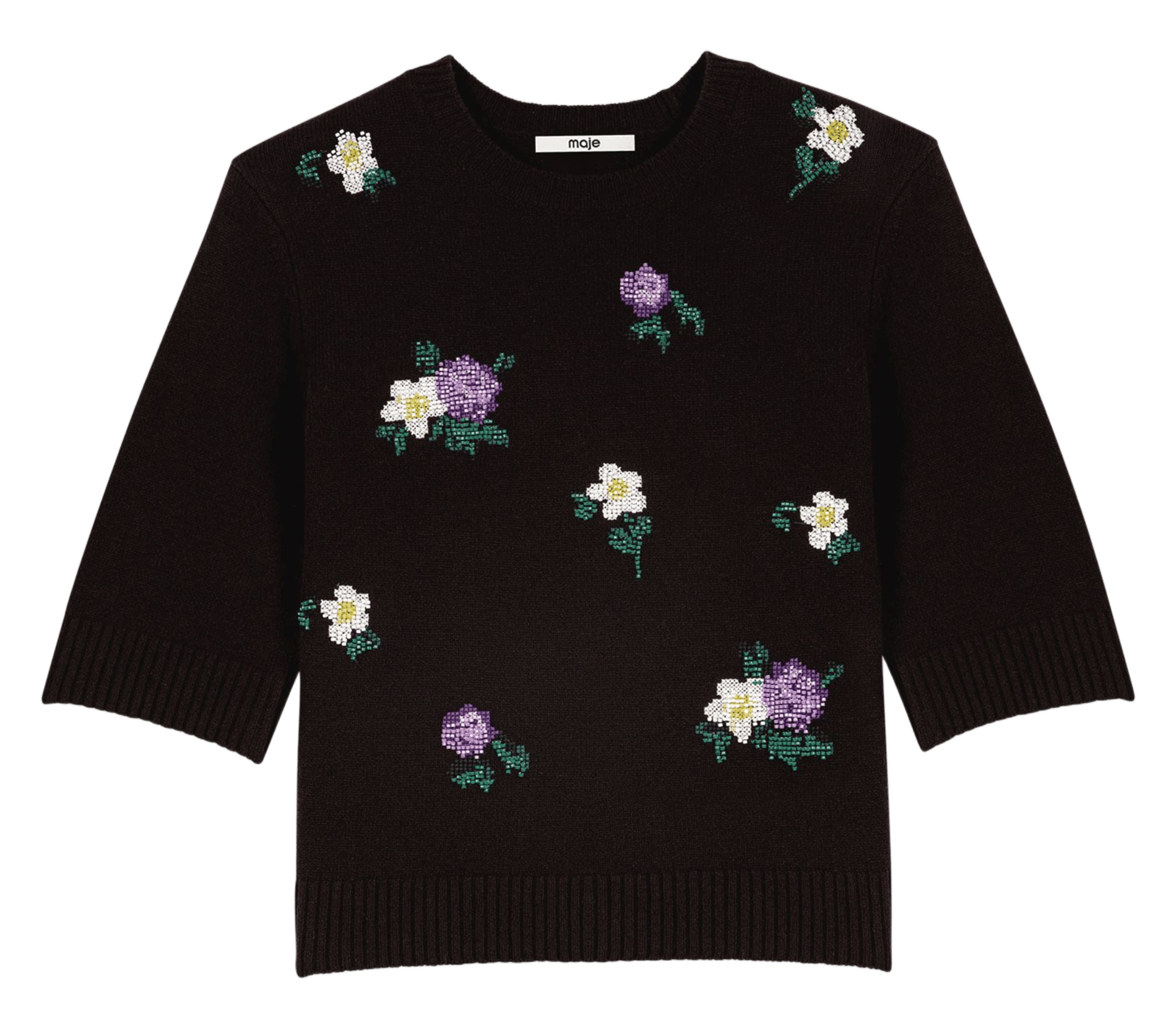 Pull droit col rond brodé en laine mélangée MAJE Marron