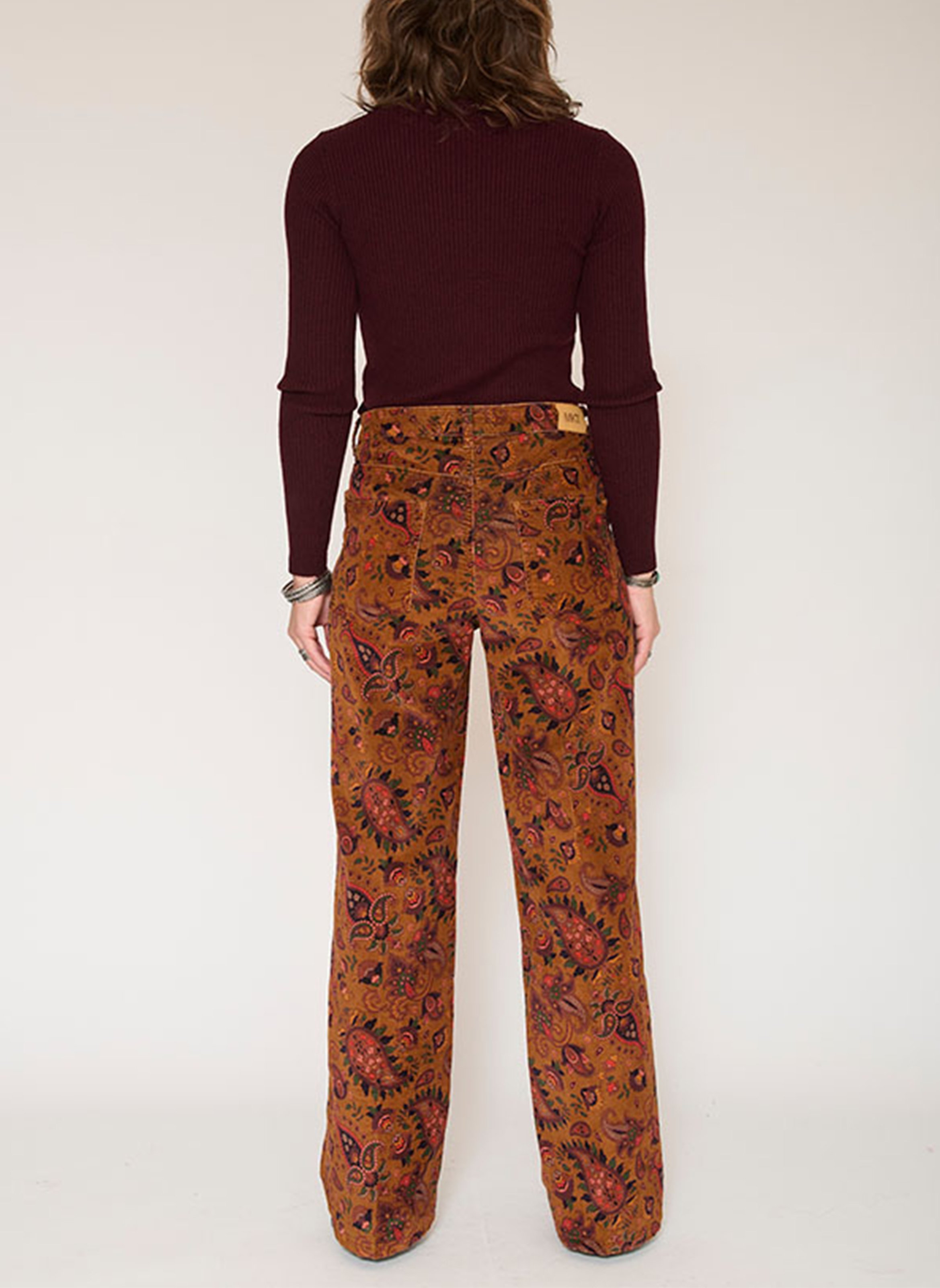 Rechte wijde broek met fluwelen print in gemengde katoenen stof MKT Bruin