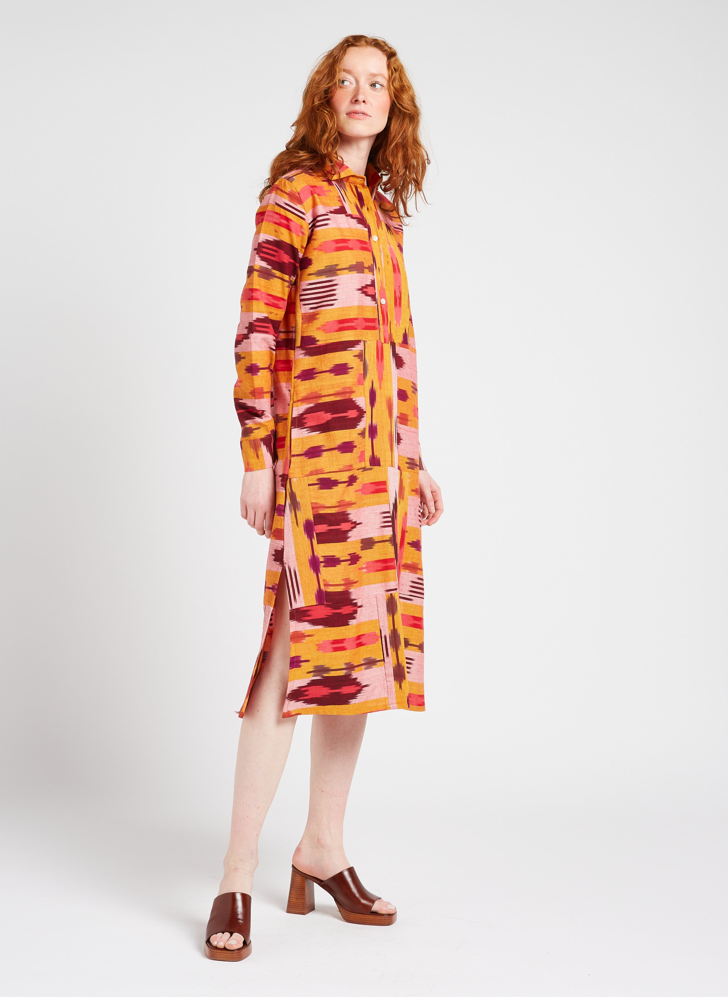 Midi shirt dress printed in cotton V DE VINSTER Yellow