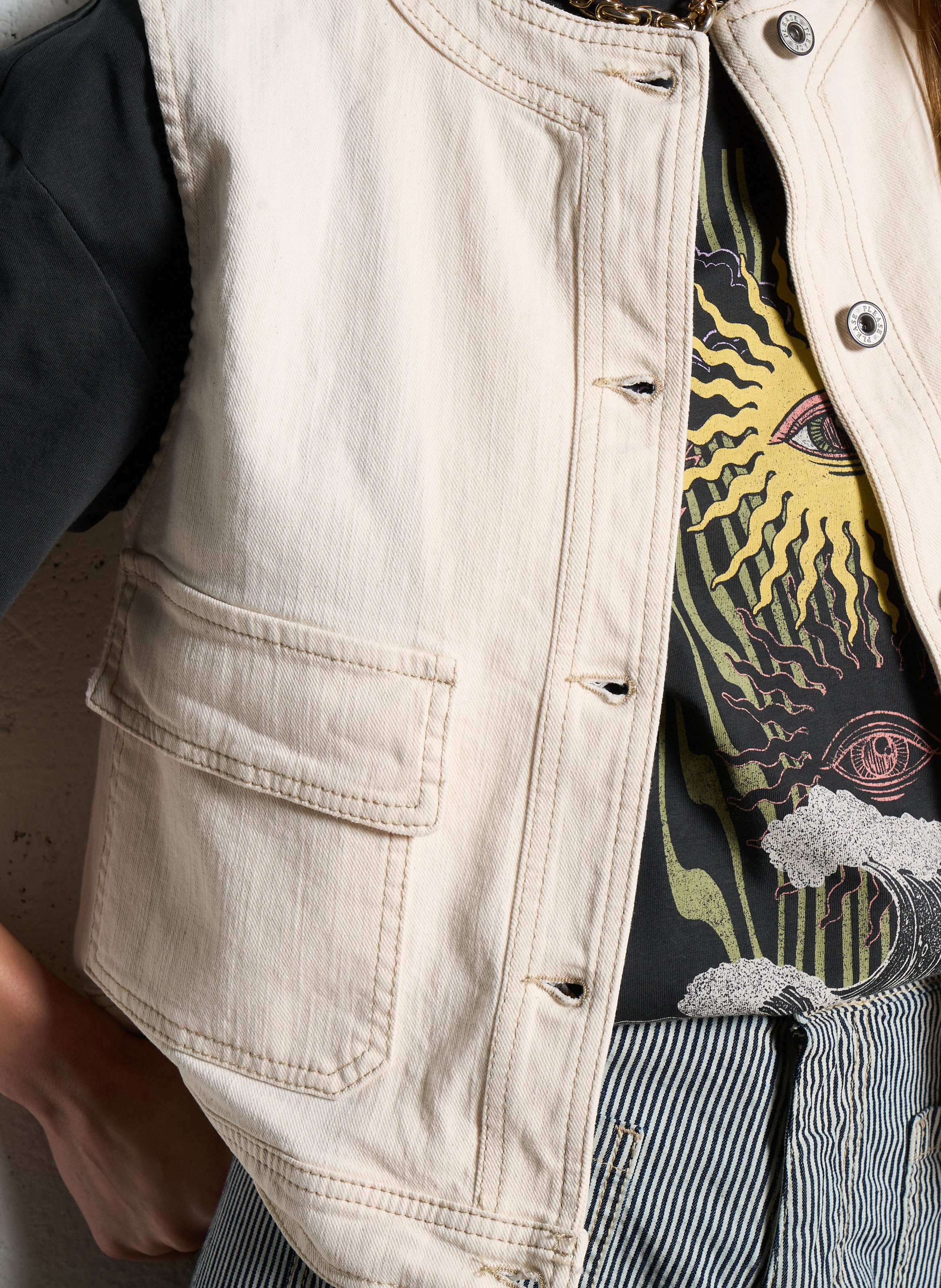 Veste en jean col rond PLEASE Beige