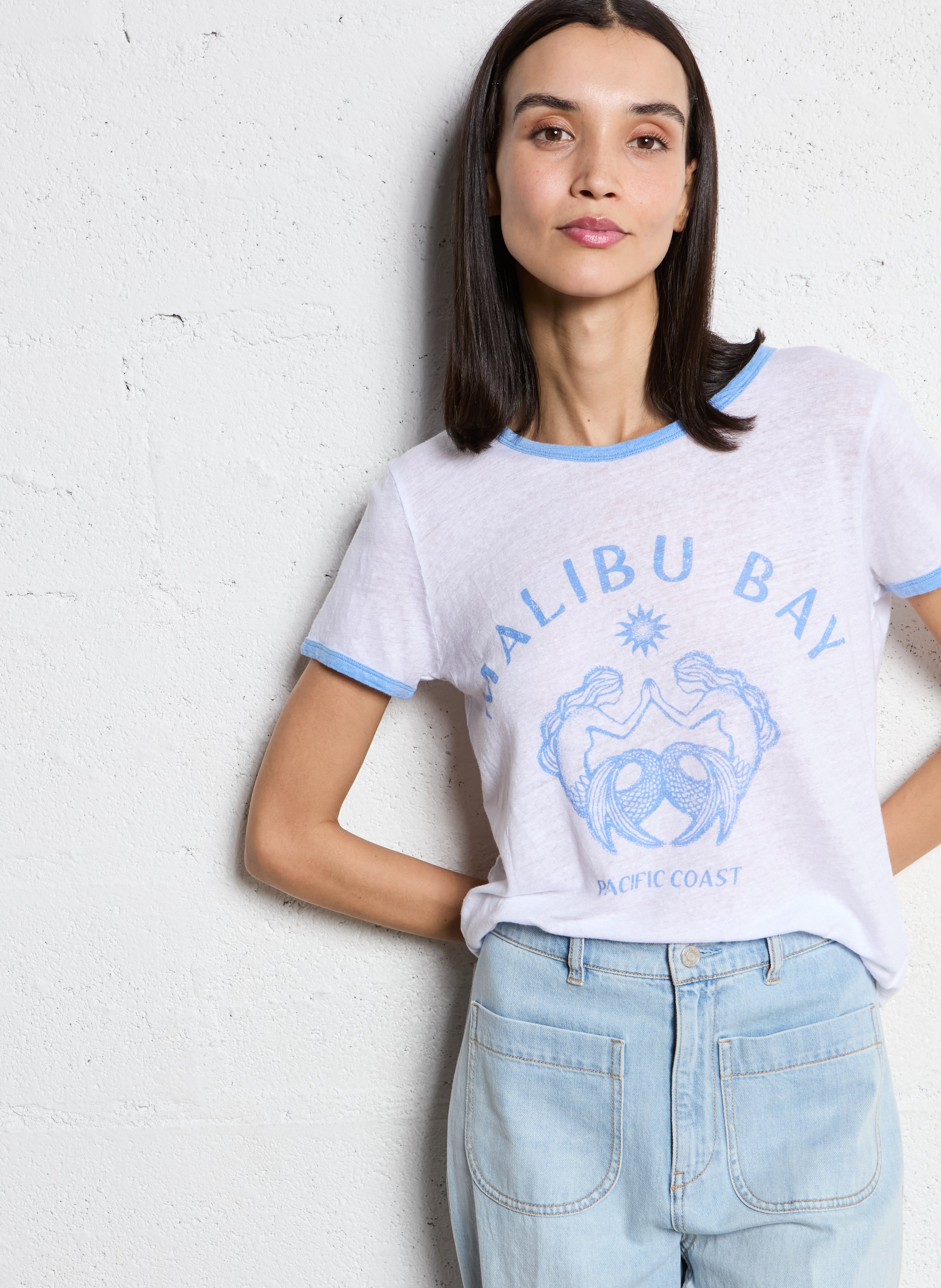 Straight-cut linen T-shirt with round neck HARTFORD White