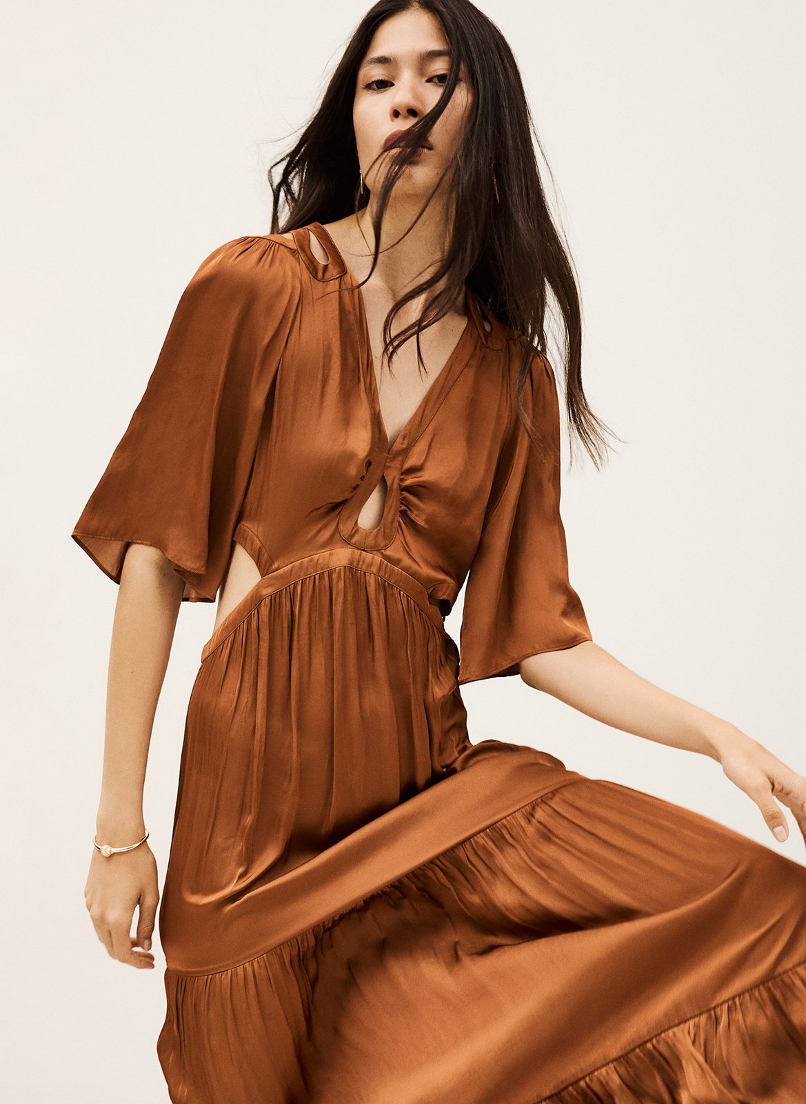 Robe longue col v satinée BA&SH Rose