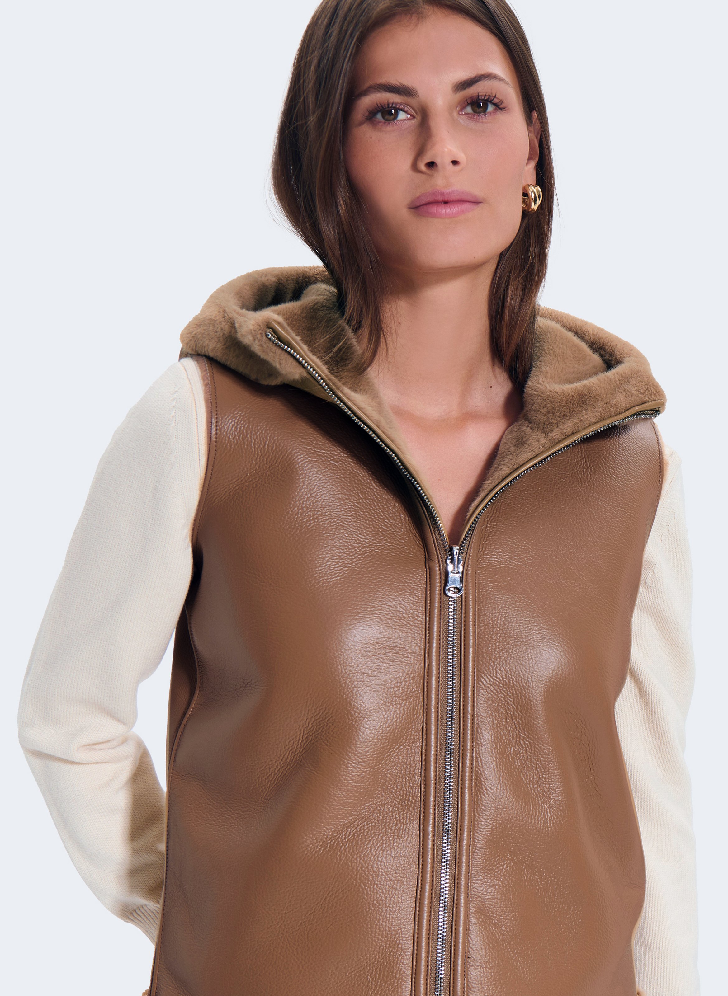 Straight jacket with high collar in faux fur ZAPA Brown