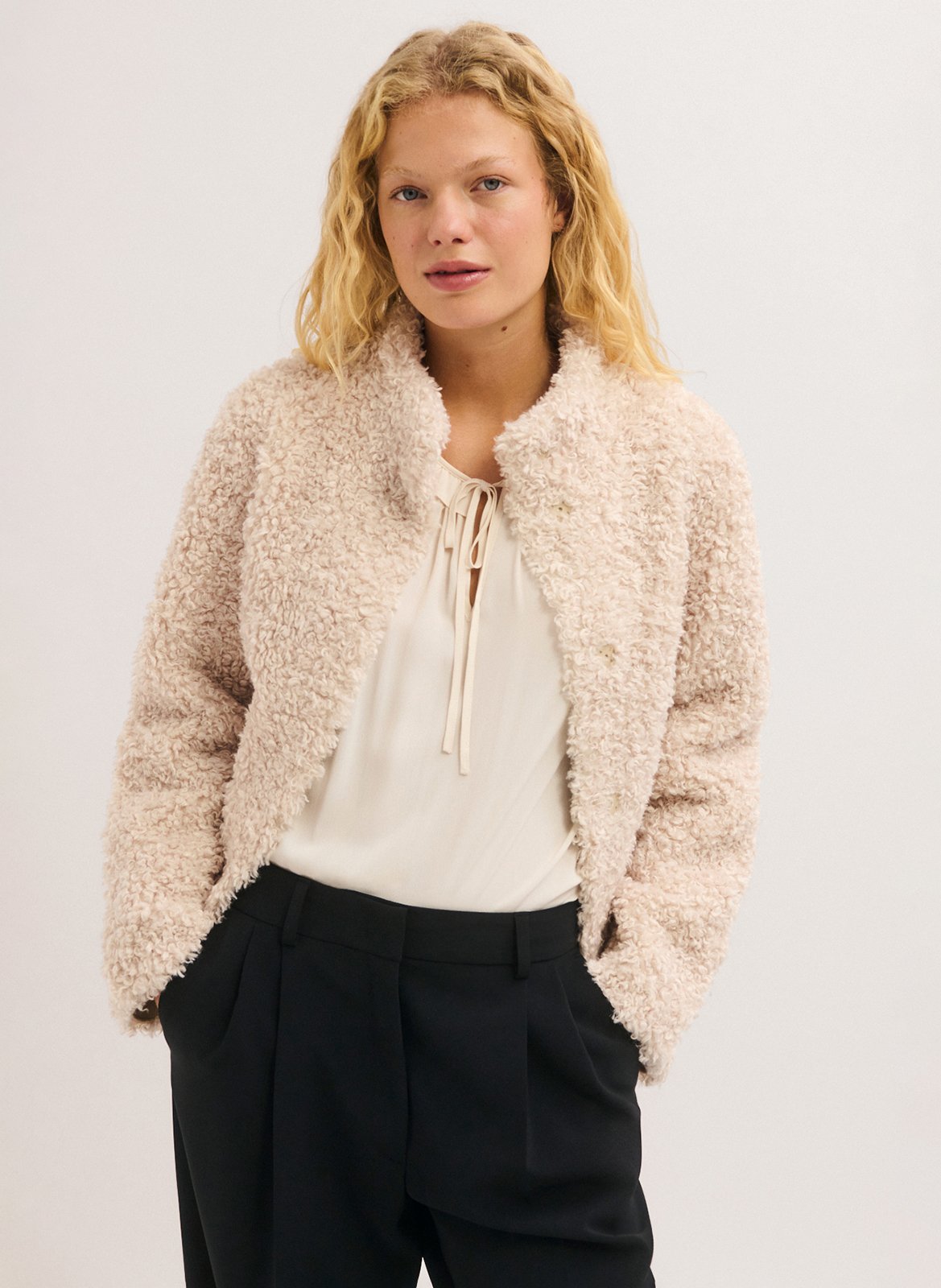 Manteau droit col montant en fourrure synthétique PABLO Beige