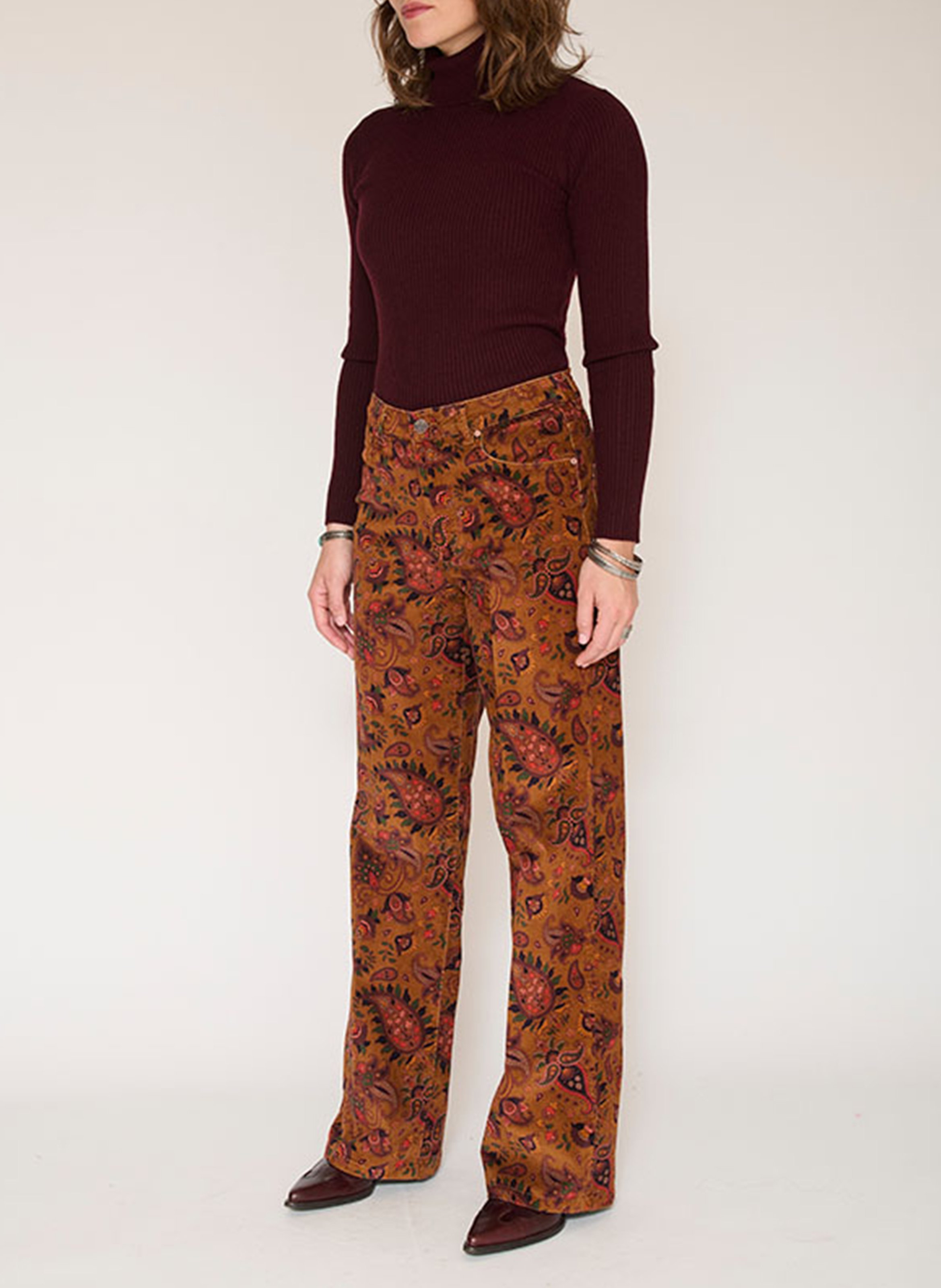 Rechte wijde broek met fluwelen print in gemengde katoenen stof MKT Bruin