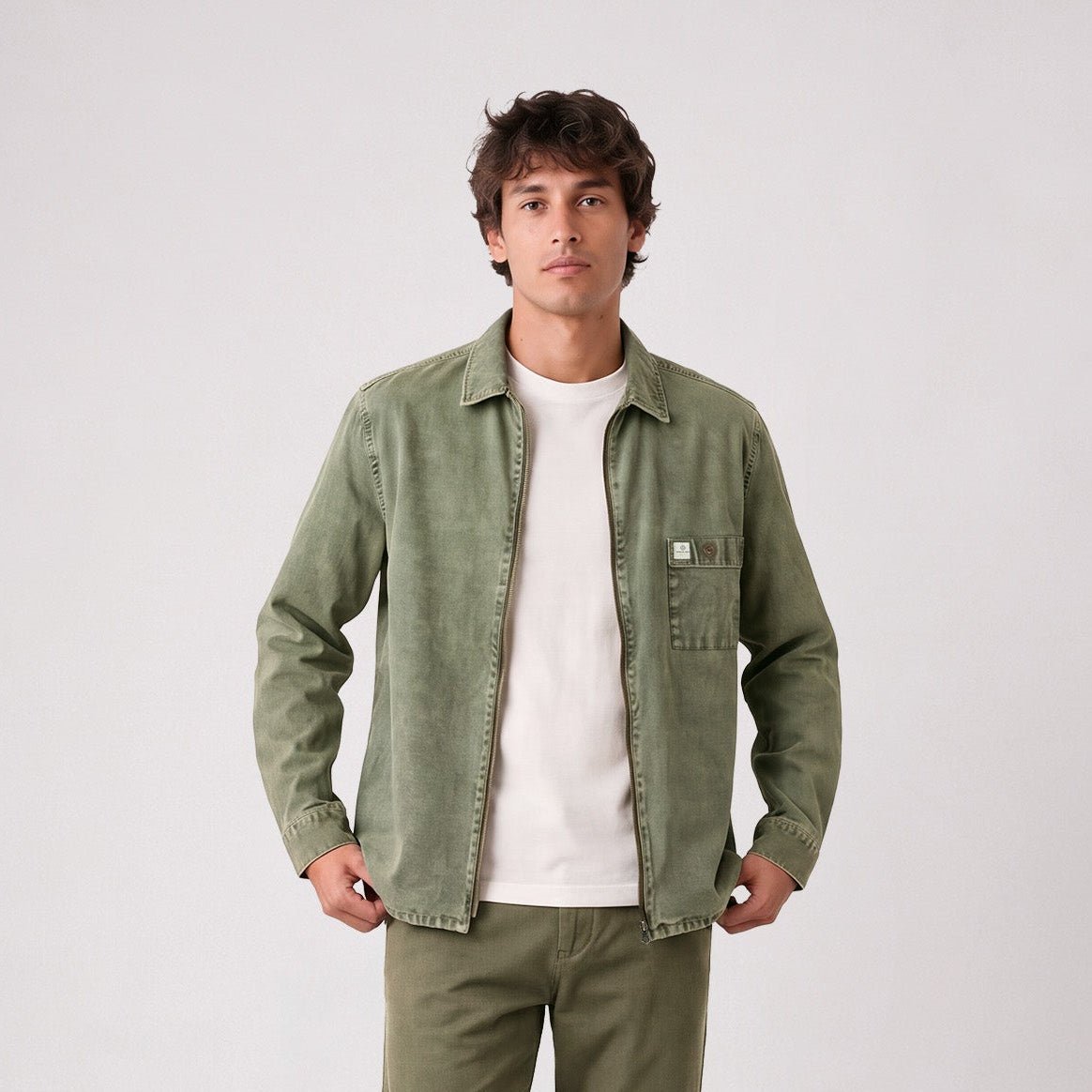 Military green washed-effect zip-up corduroy overshirt sbplay SERGE BLANCO Grey