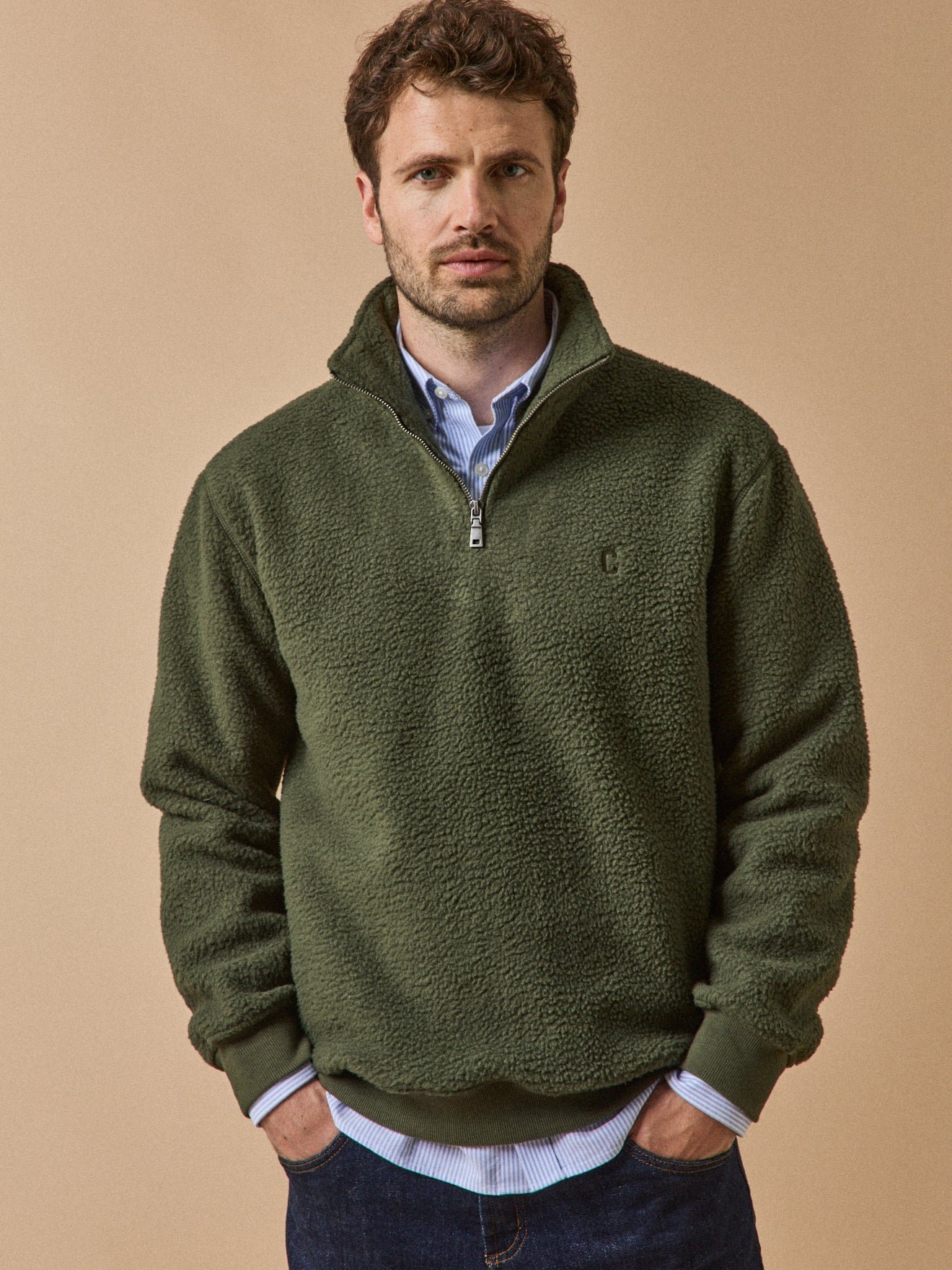 Fleece trucker collar sweater CYRILLUS Green