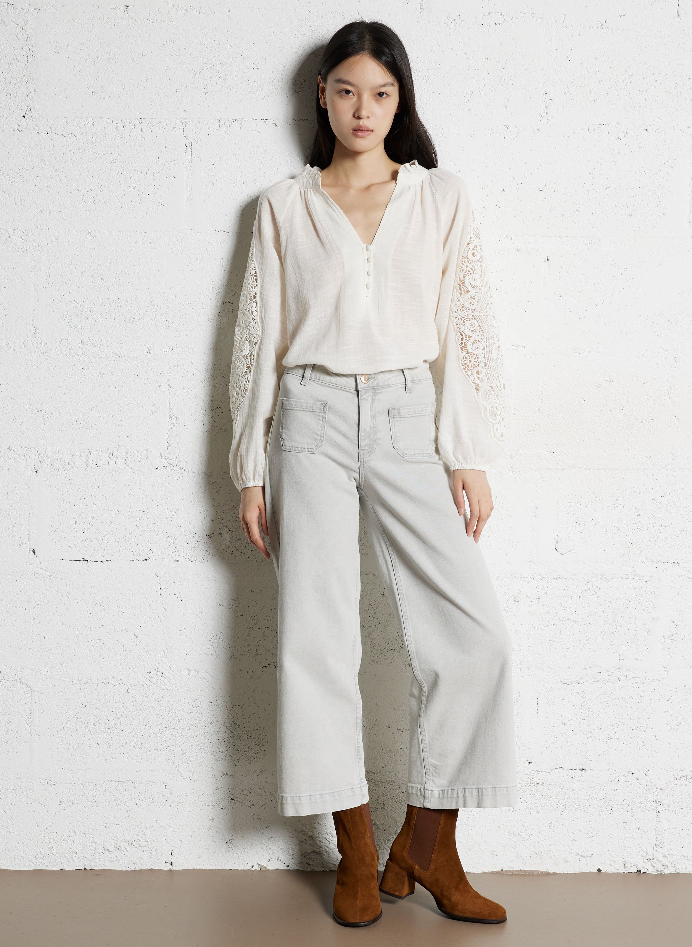 Blouse col V en coton  MAISON 123 Beige