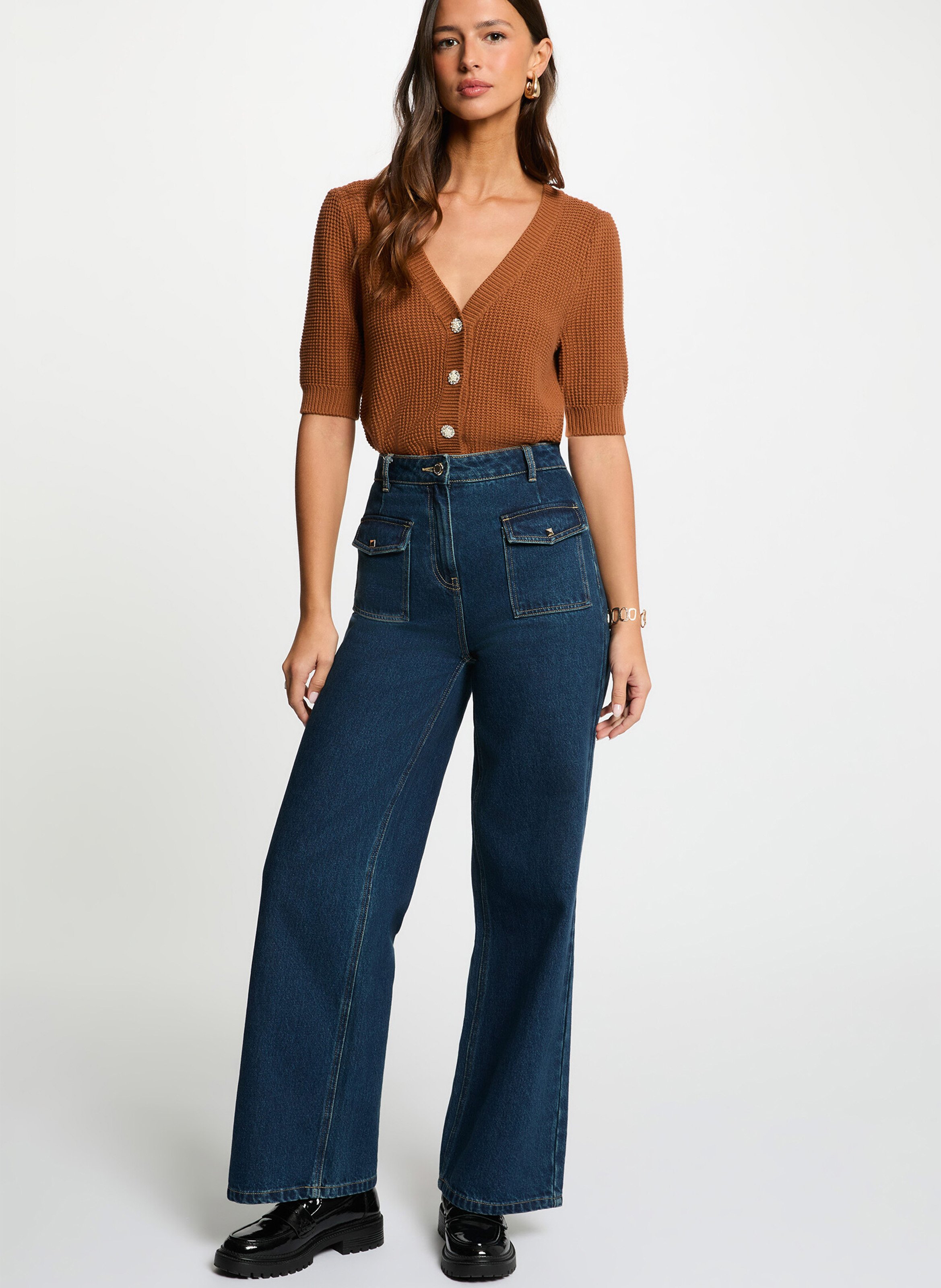 Cardigan met knoopsluiting in geribbelde breistof Bruin